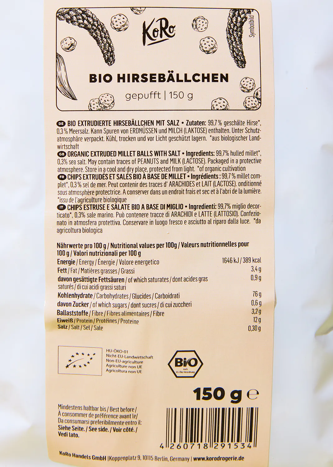 l' arrière d' une boîte de 150 g de balles de millet extrudées bio