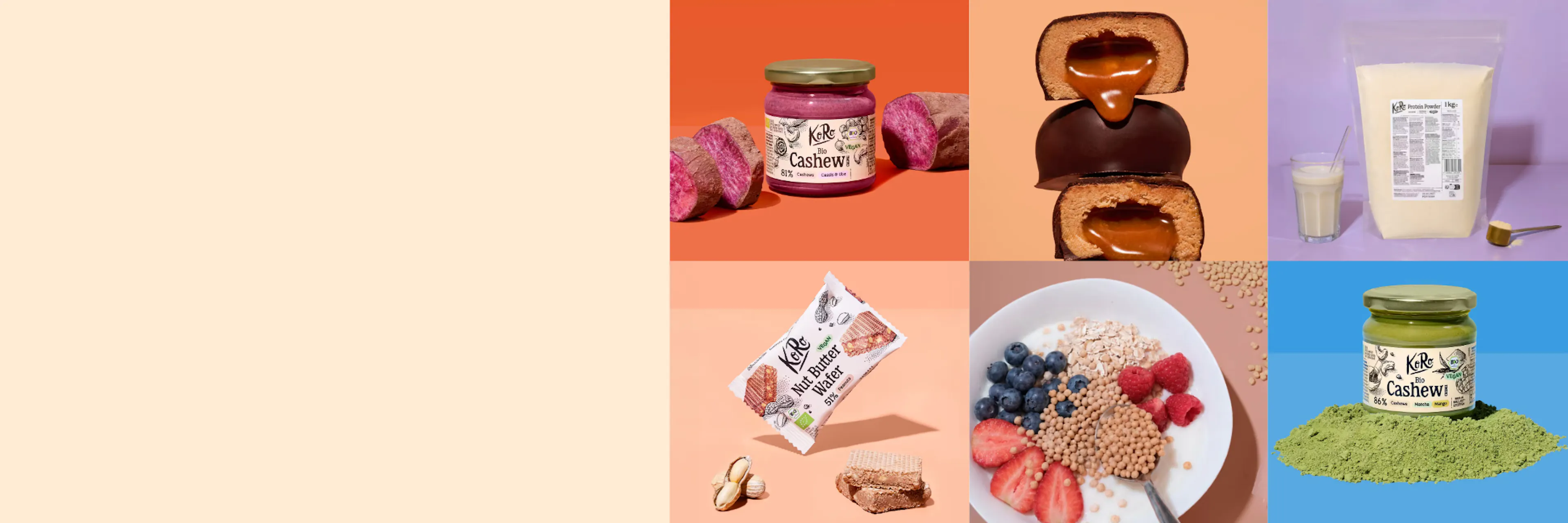 eine collage aus verschiedenen koro-lebensmittelprodukten wie cashewmus, schokoriegeln, proteinpulver, waffeln und einer schüssel mit müsli und beeren.
