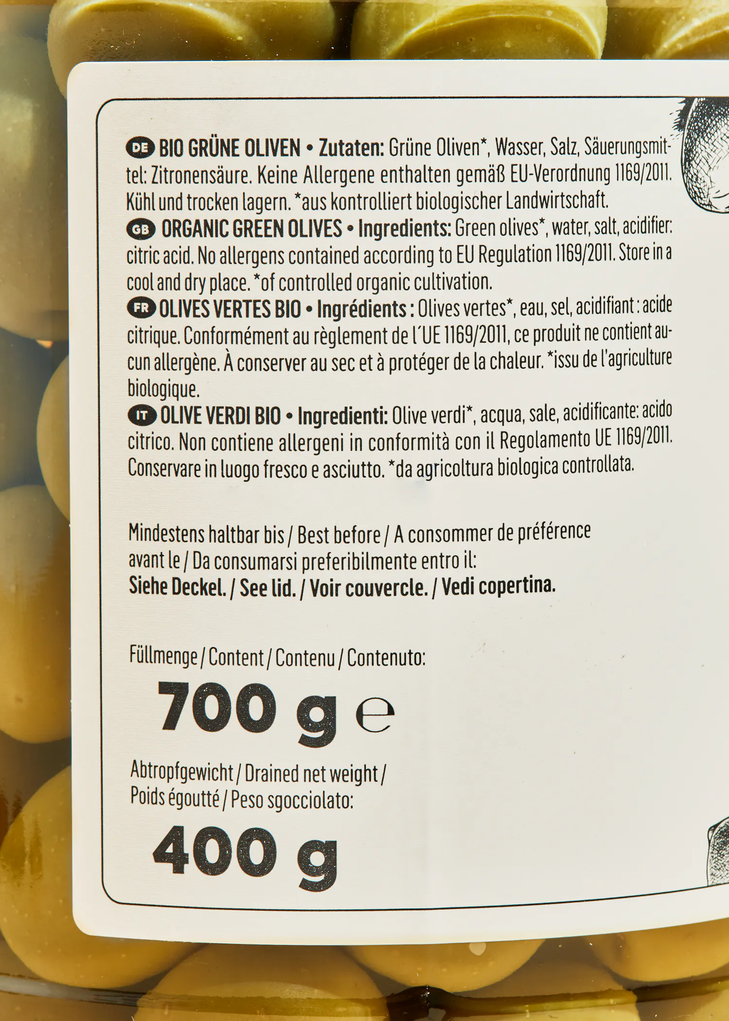 a container of green olives has a label that says 700 g