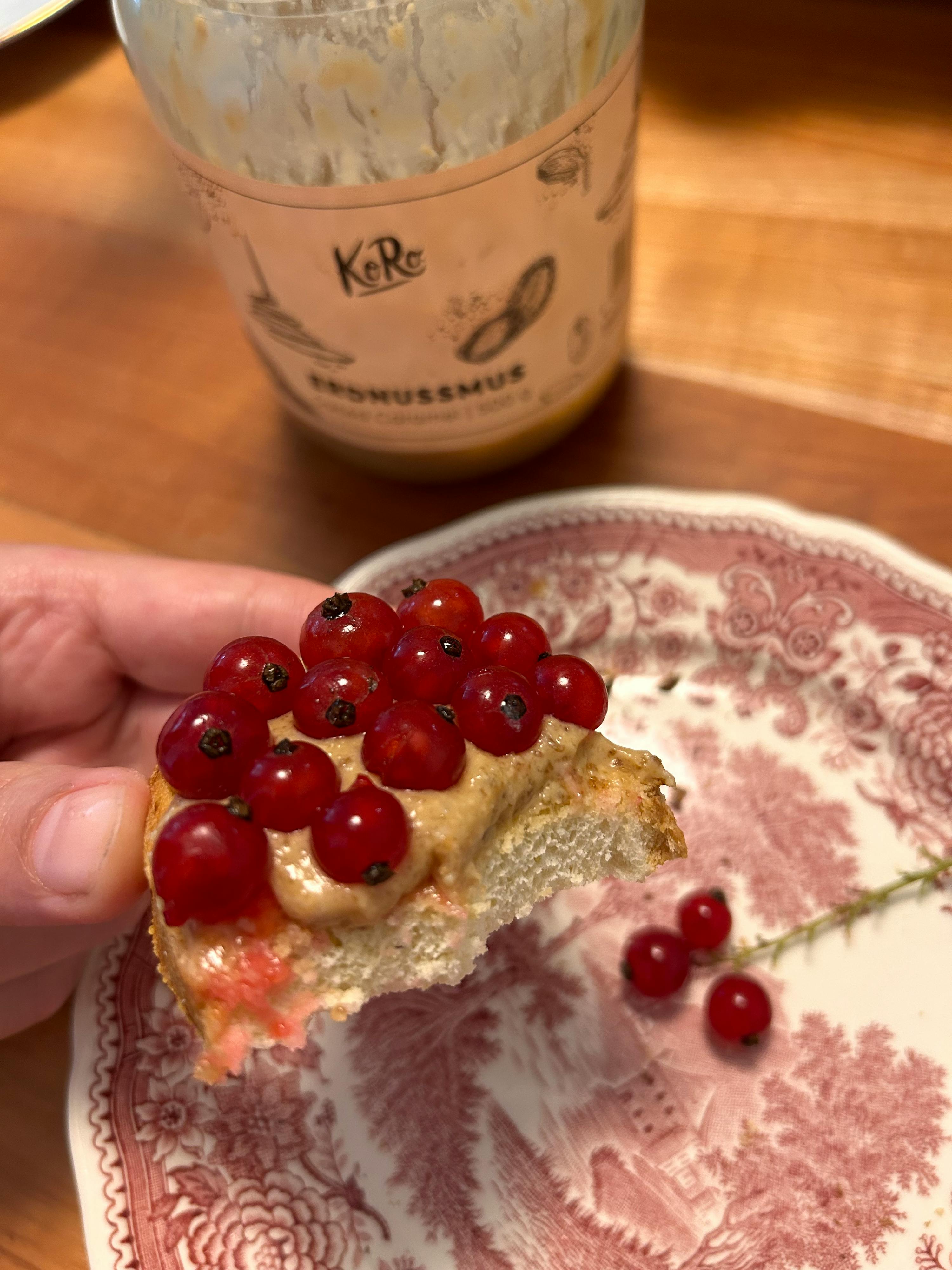 a person holding a piece of bread with red currants on it
