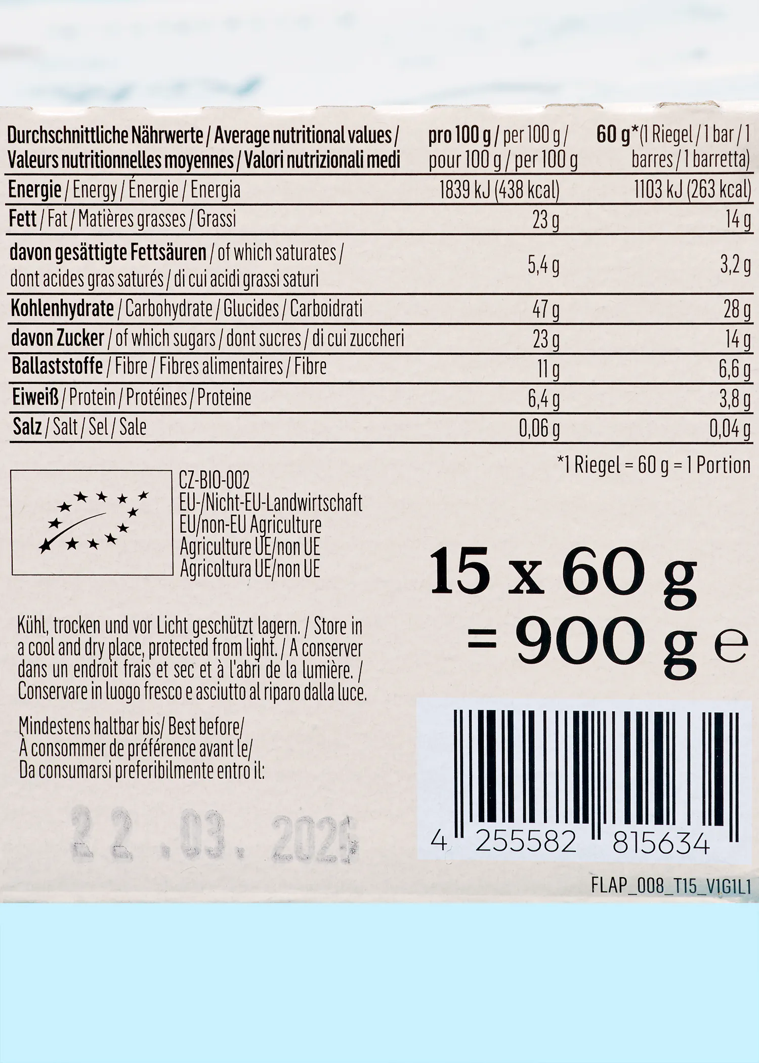 die Rückseite einer Packung mit 15 x 60 g = 900 g
