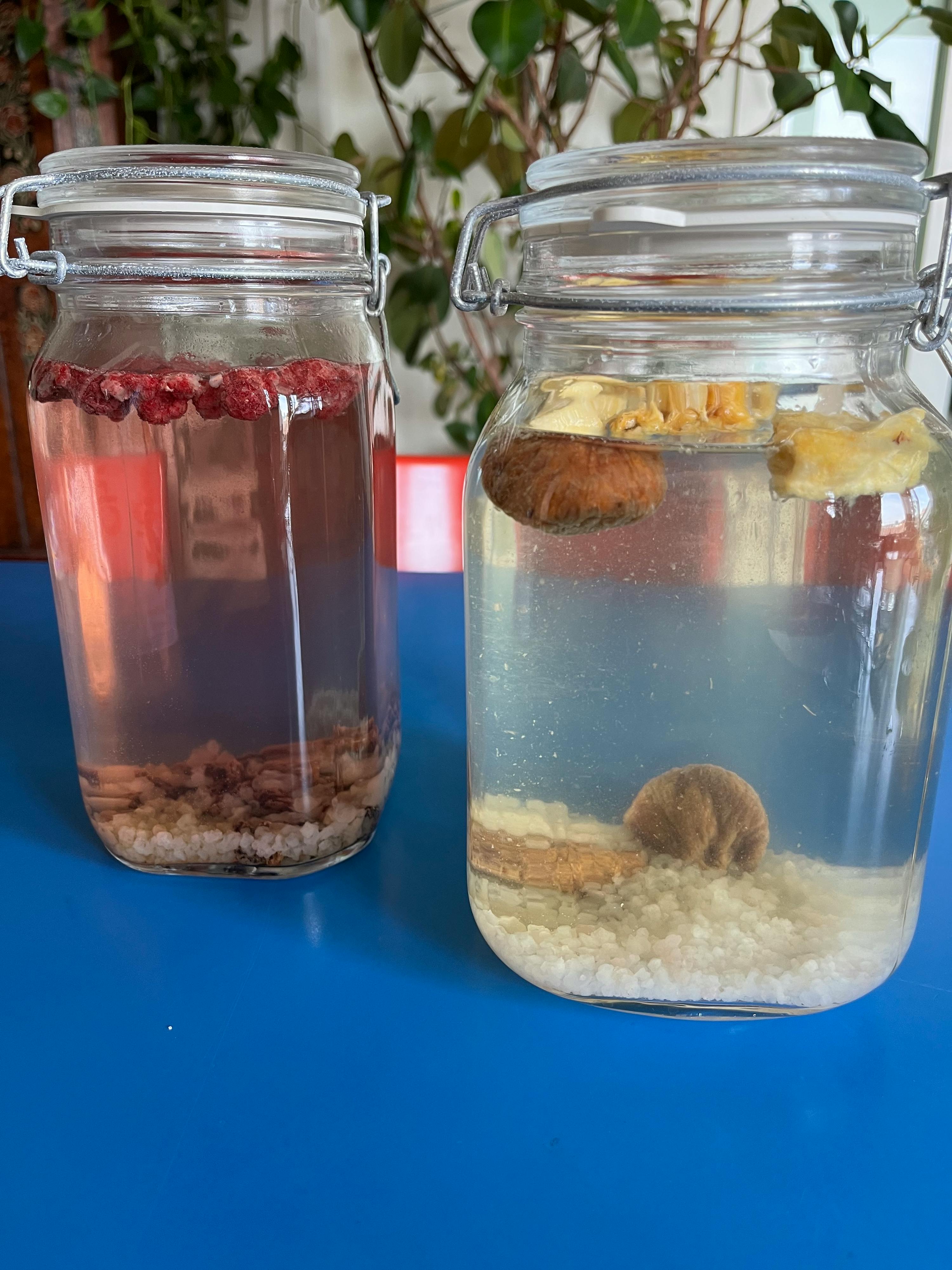 deux bocaux en verre remplis d' eau sont posés sur une table