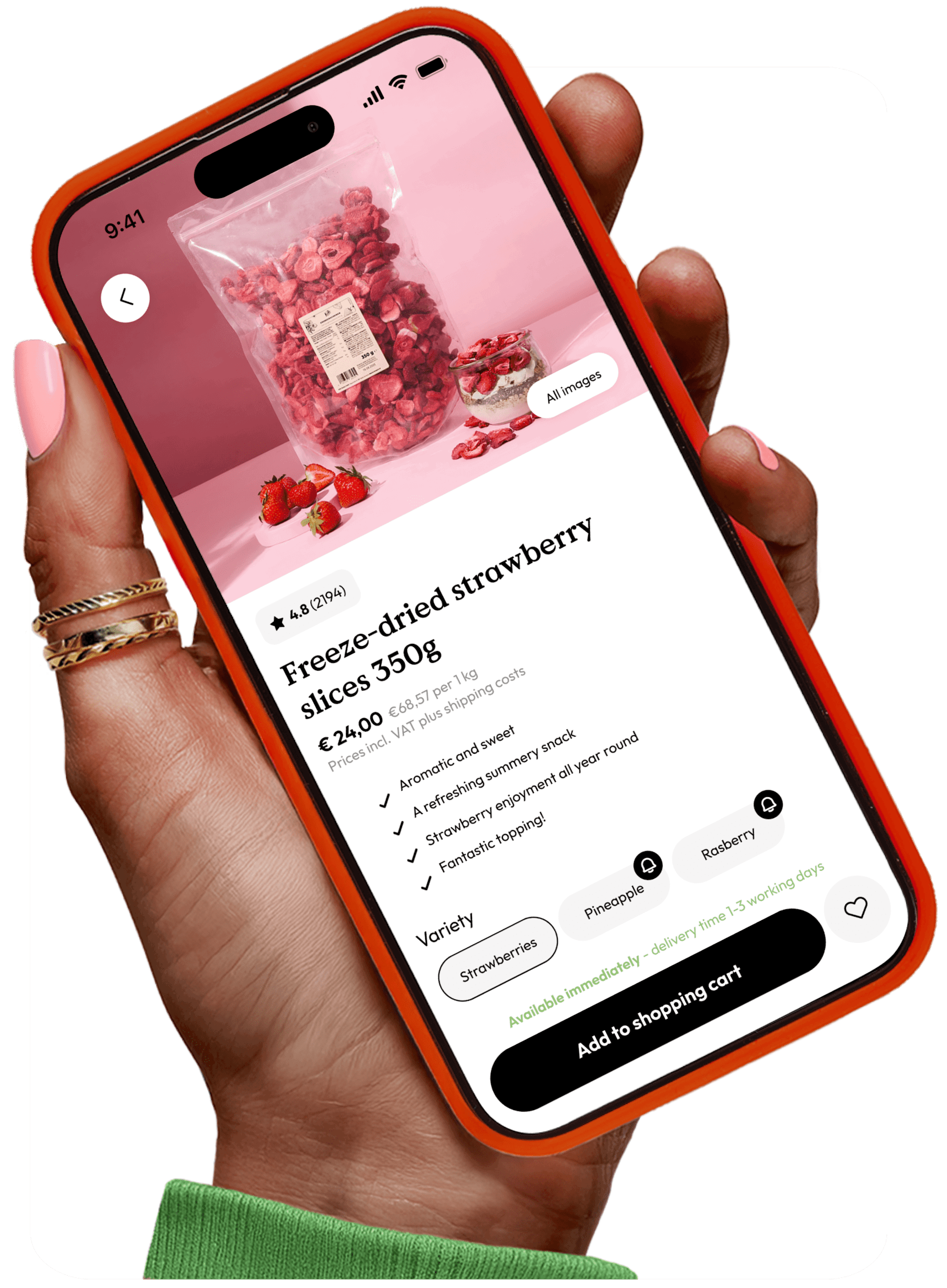 a person holding a phone that says freeze dried strawberry on the screen