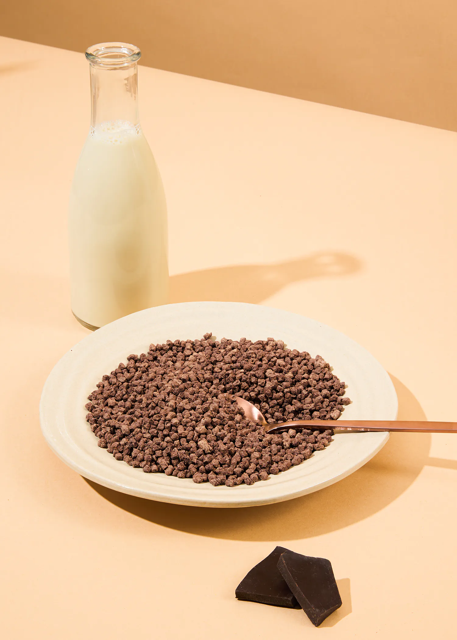 eine Flasche Milch steht neben einem Teller mit Schokoladenflocken