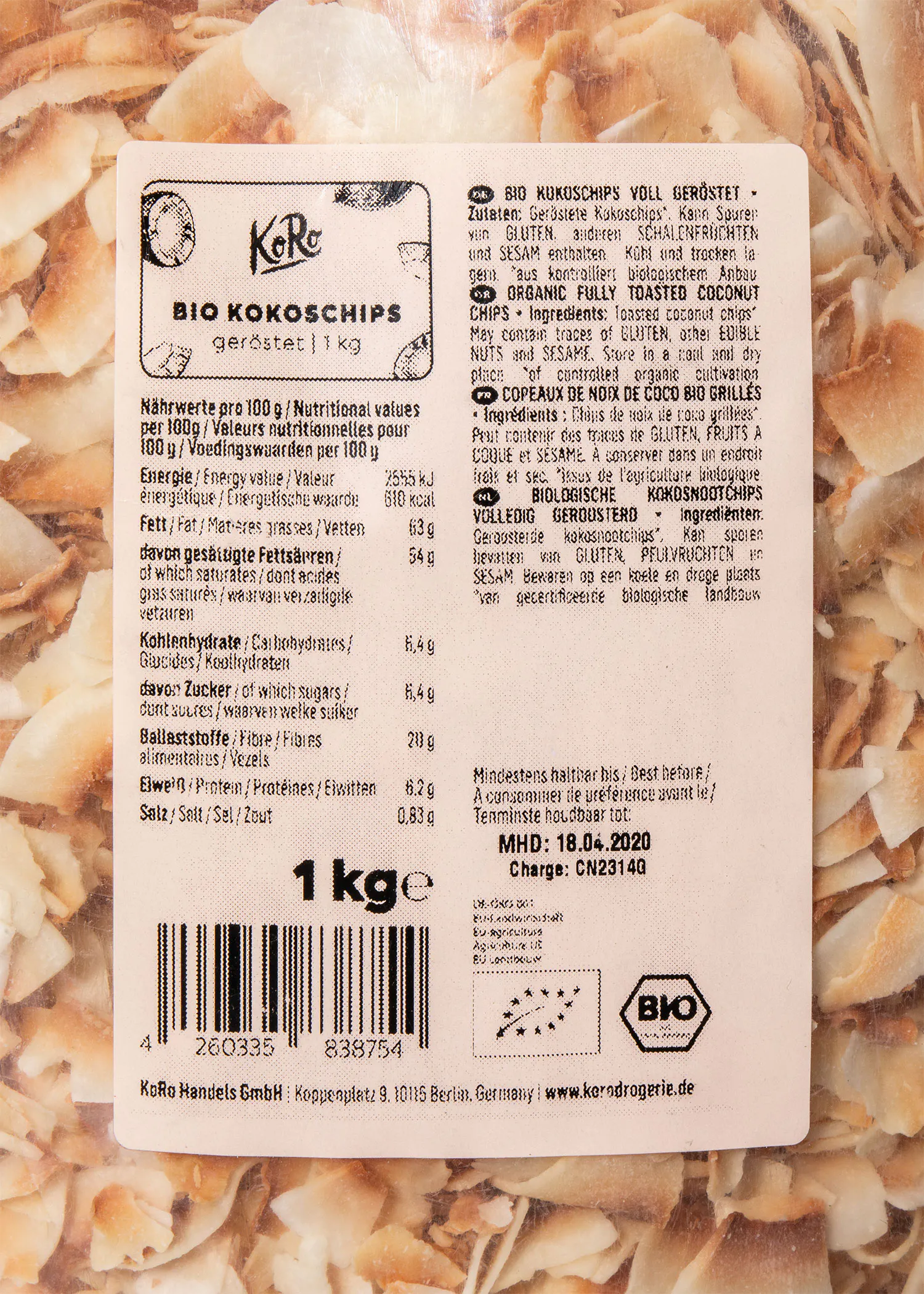 the back of a package of bio kokochips