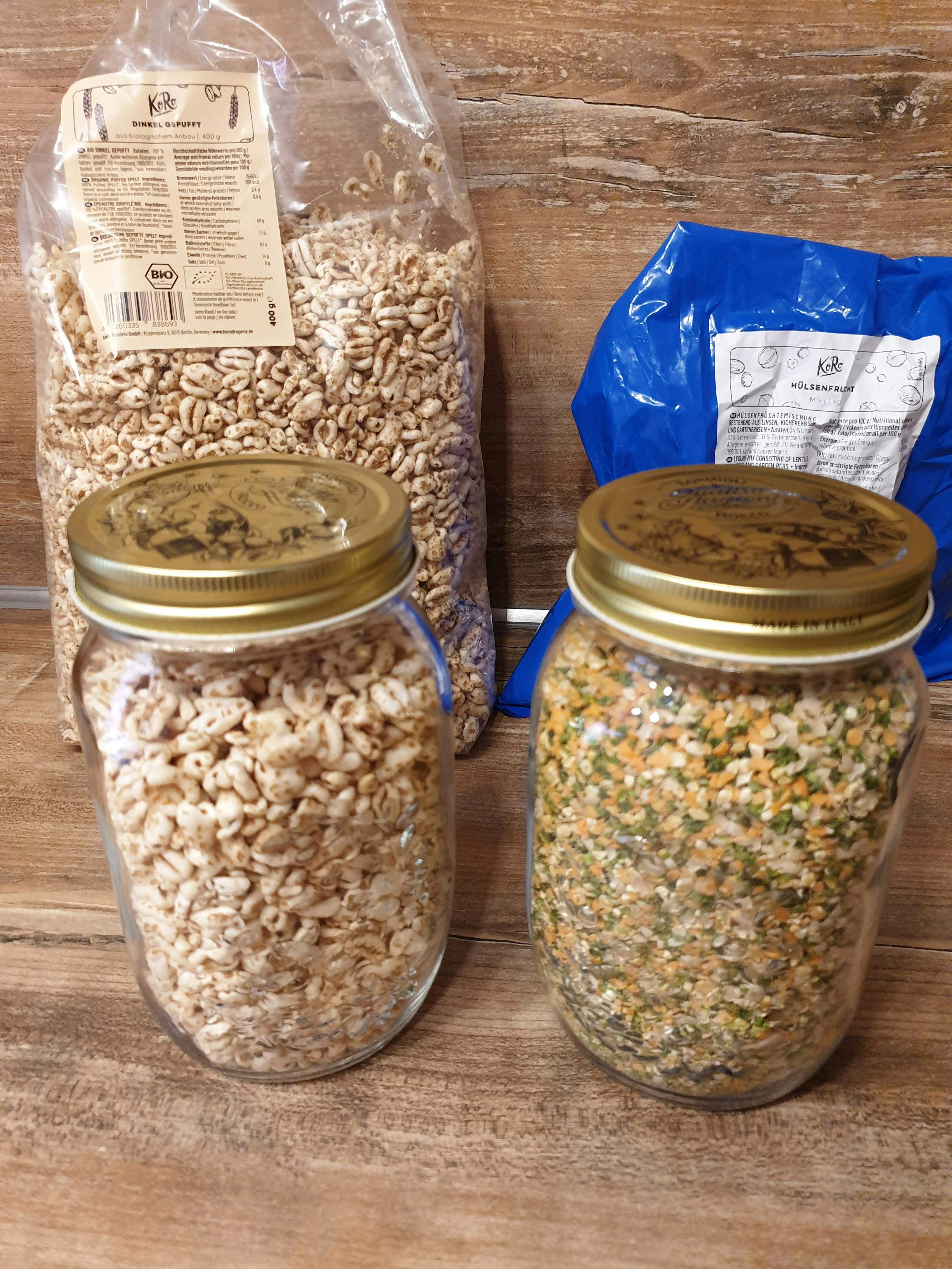 a jar of rice next to a bag of rice