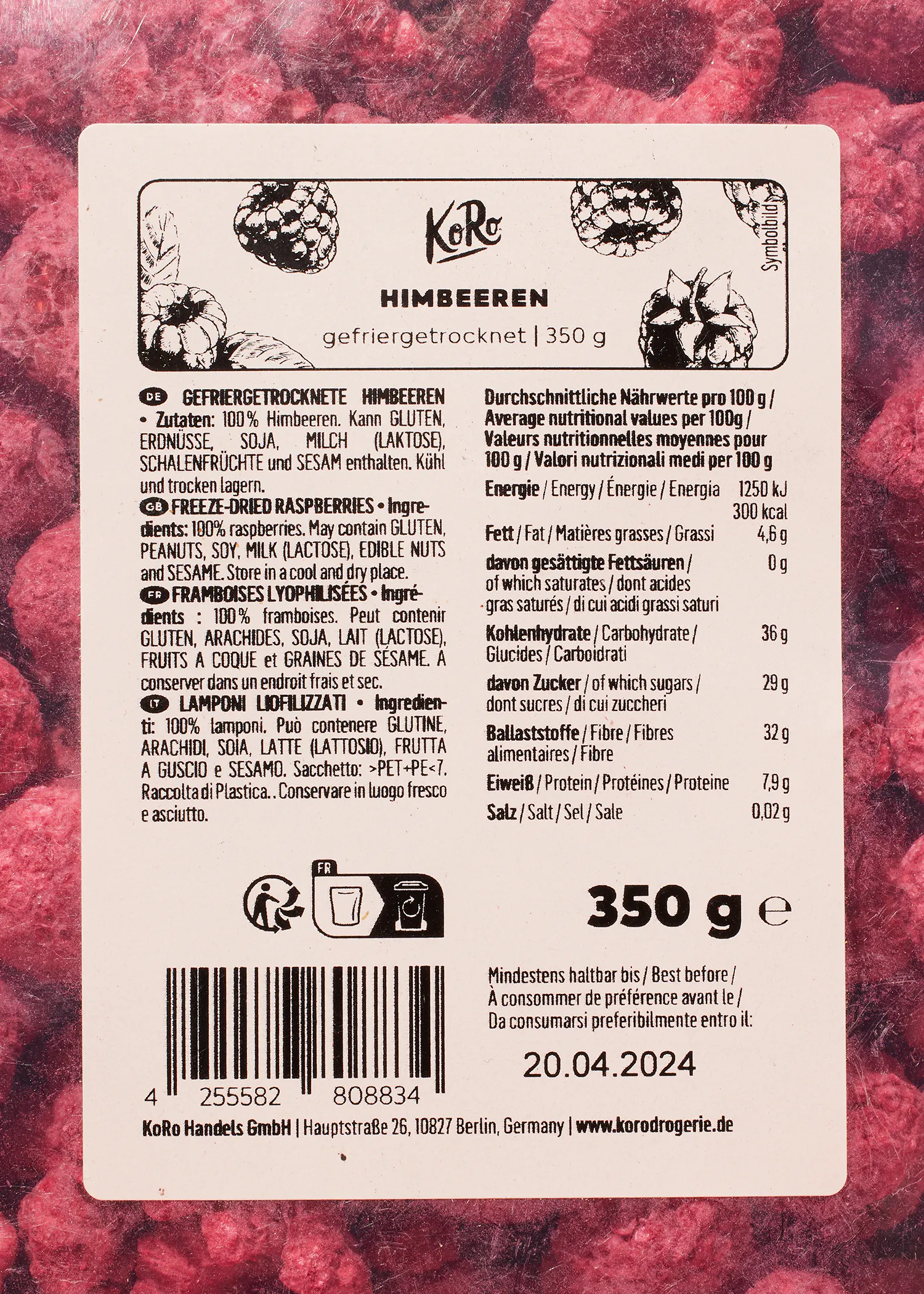 the back of a package of freeze dried raspberries