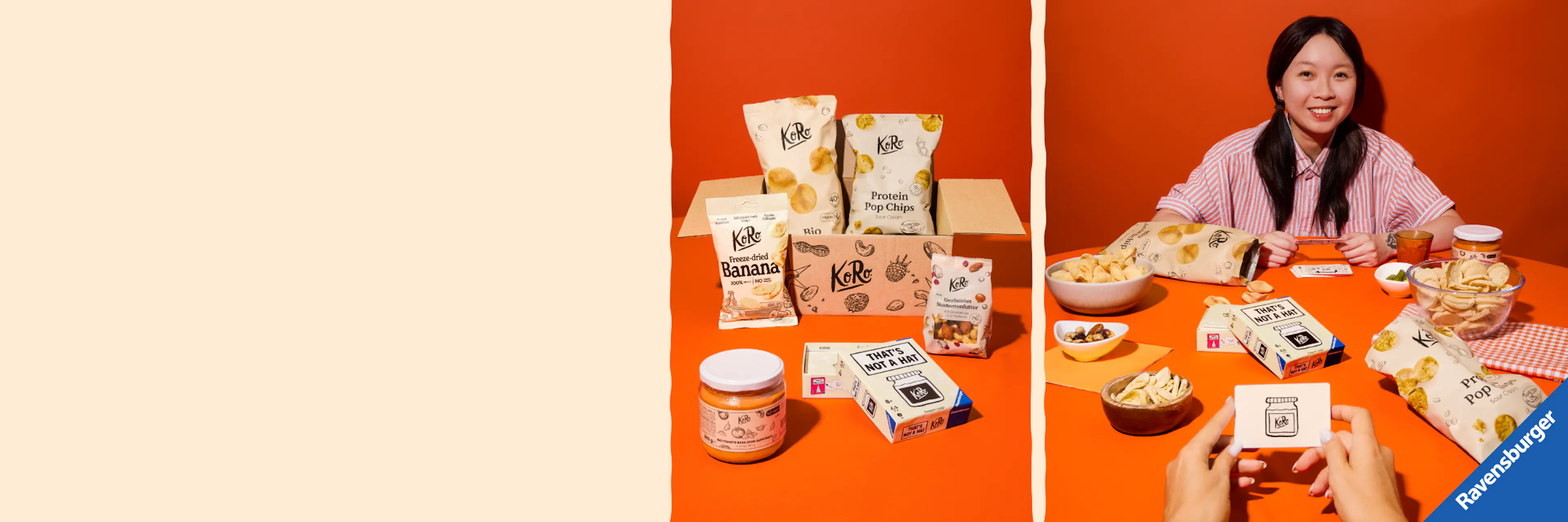 eine junge frau spielt das kartenspiel that's not a hat von ravensburger, umgeben von verschiedenen koro-snacks wie protein-chips, gefriergetrockneten bananen und nussmischungen auf einem orangefarbenen tisch.