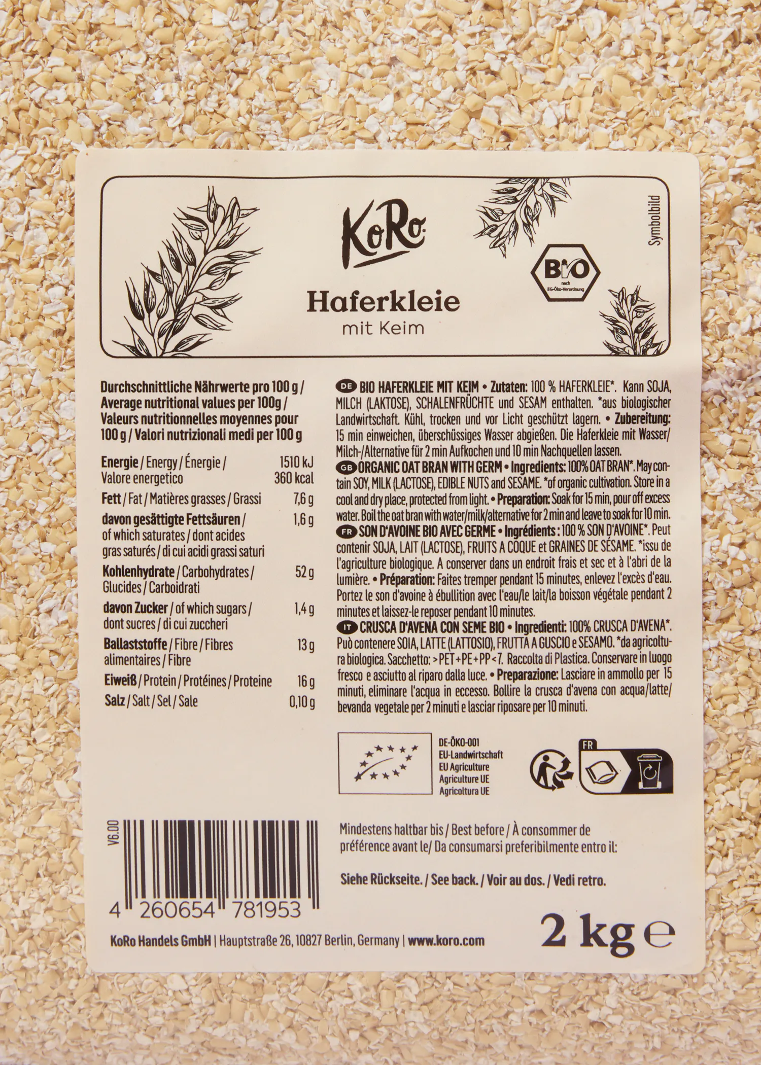 die rückseite einer verpackten haferkleie mit kern