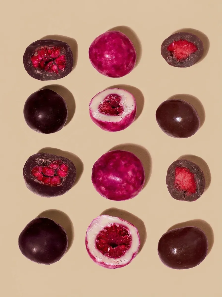 douze billes de chocolat noir et blanc disposées en grille sur un fond beige, certaines étant coupées en deux pour révéler un cœur aux fruits rouges.