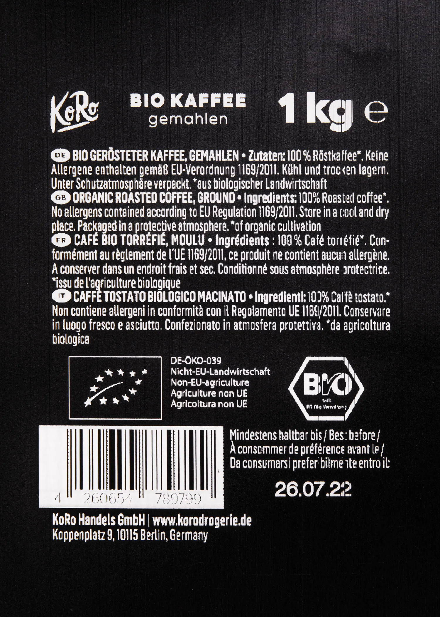 die Rückseite eines Bio-Kaffees mit einem Gewicht von 1 kg