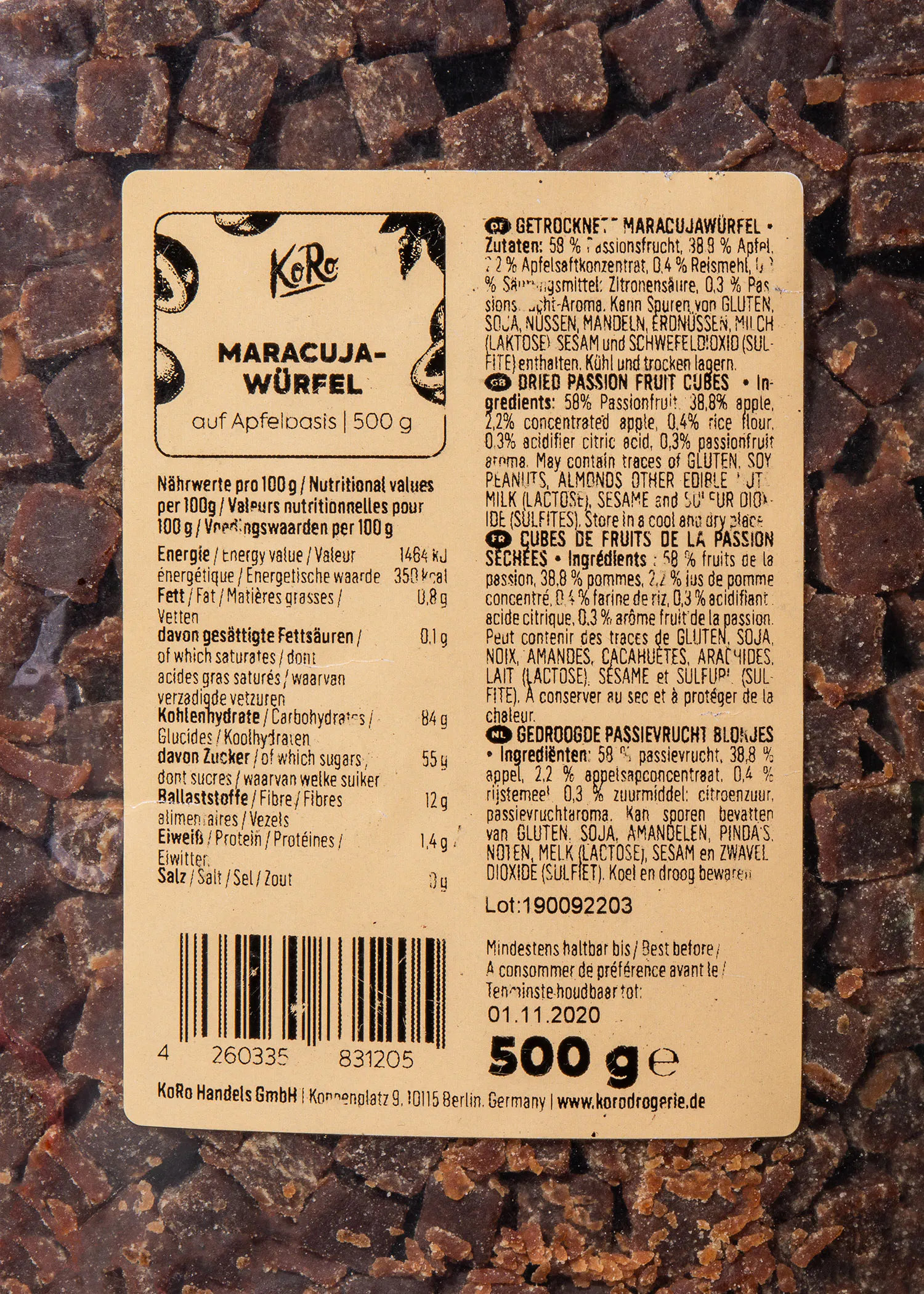 the back of a 500g container of maracuja würfel