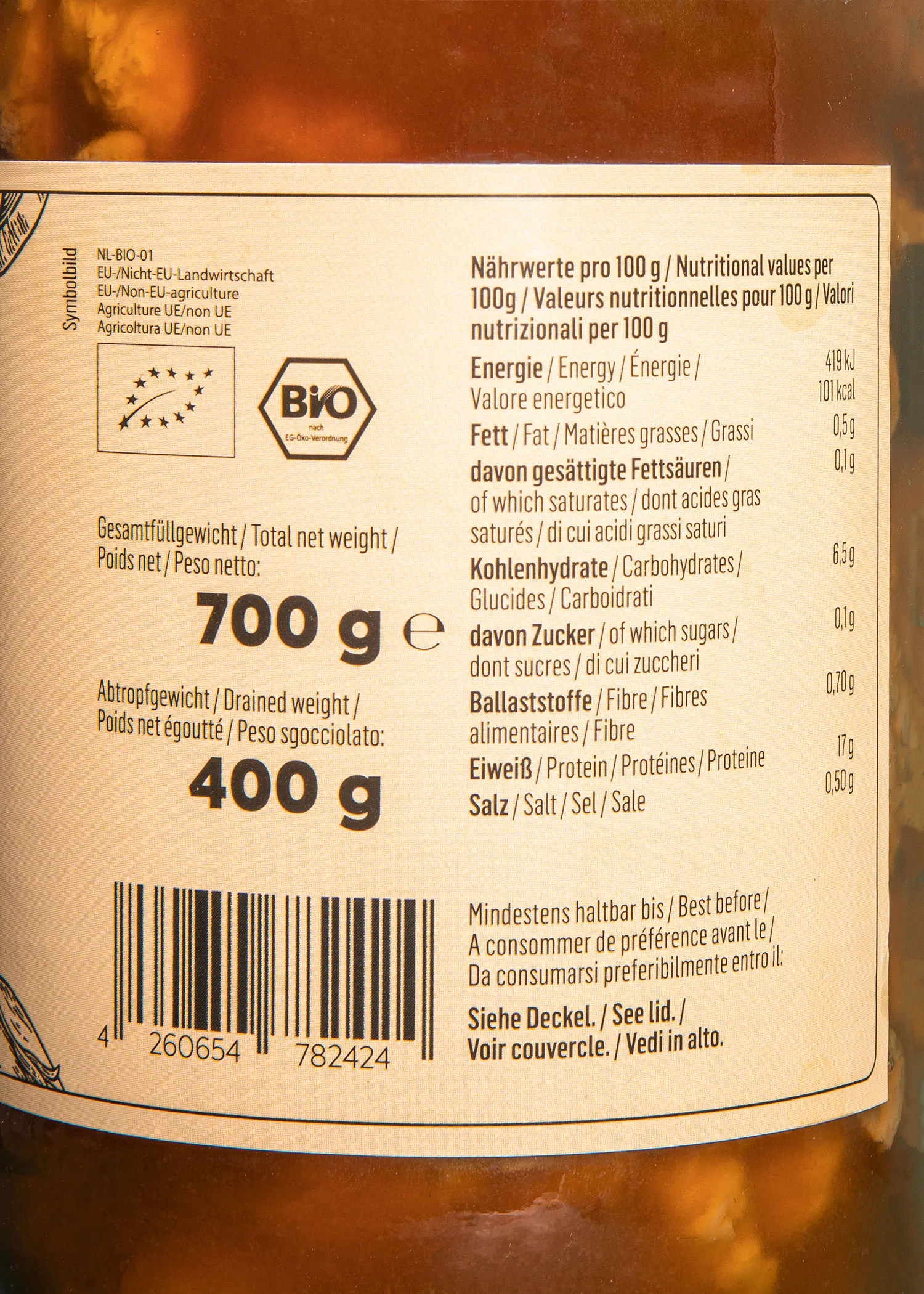 eine Nahaufnahme der Rückseite eines Bio-Produktes