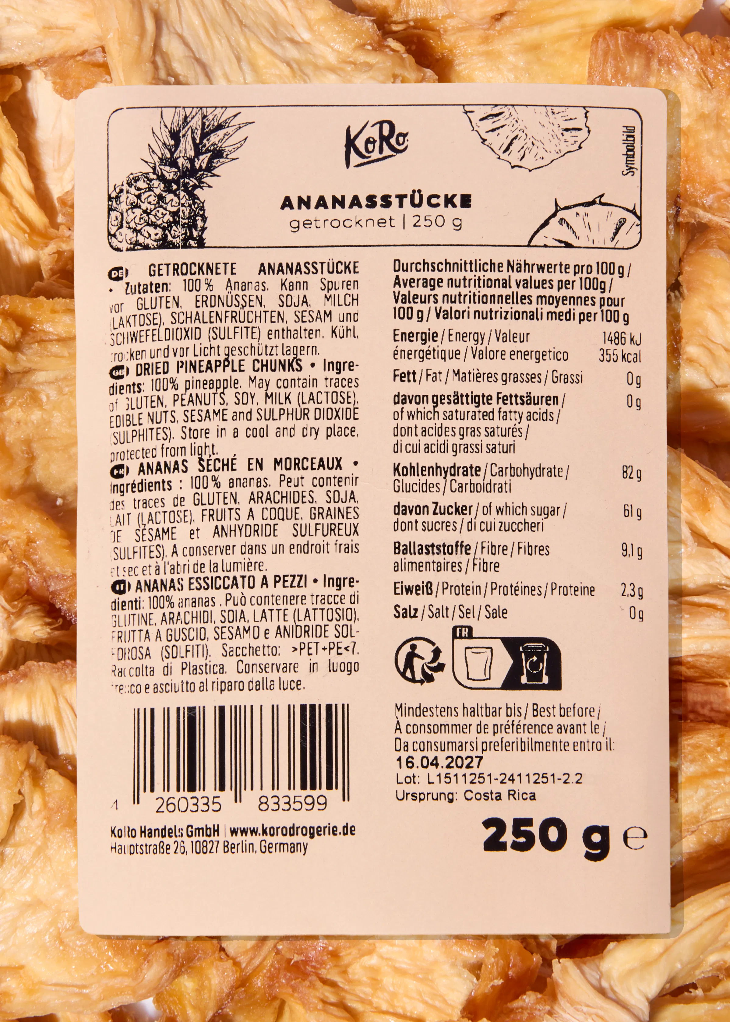 a koro dried pineapple chunks 250g product package with nutritional information and a pineapple graphic.