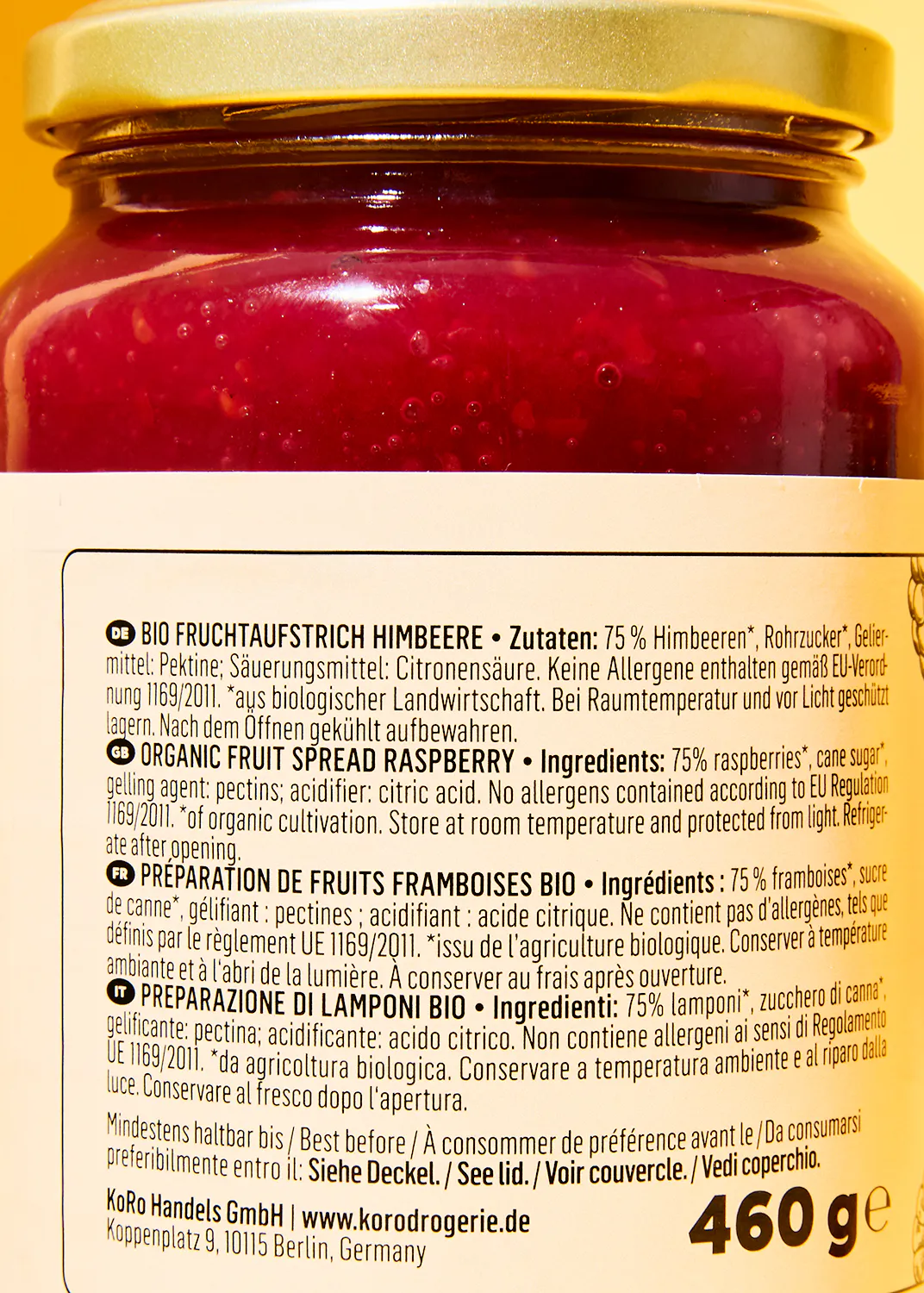 die Rückseite eines Glases Himbeermarmelade mit einem Gewicht von 460 g