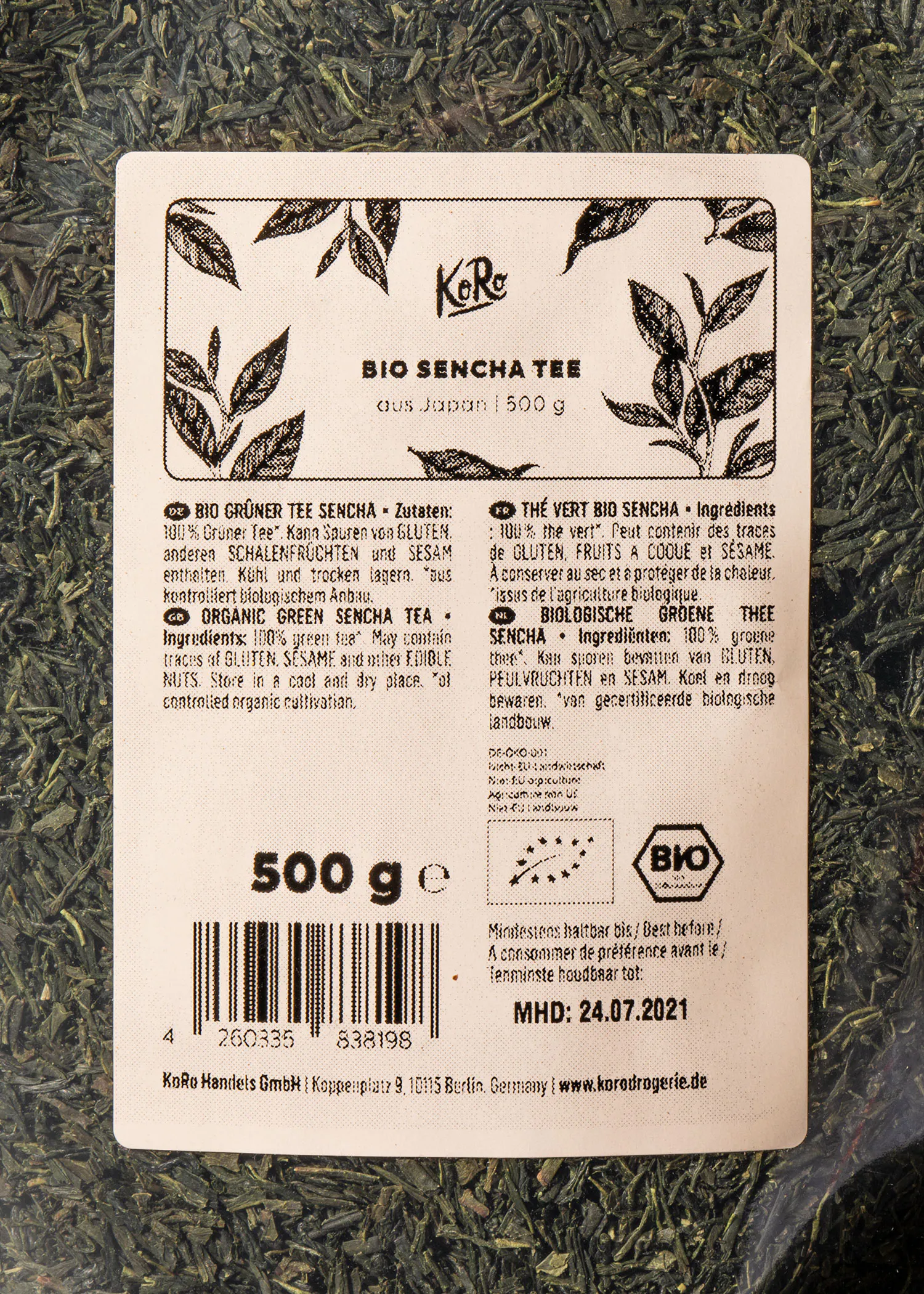 die Rückseite eines 500g-Beutels bio Sencha Tee