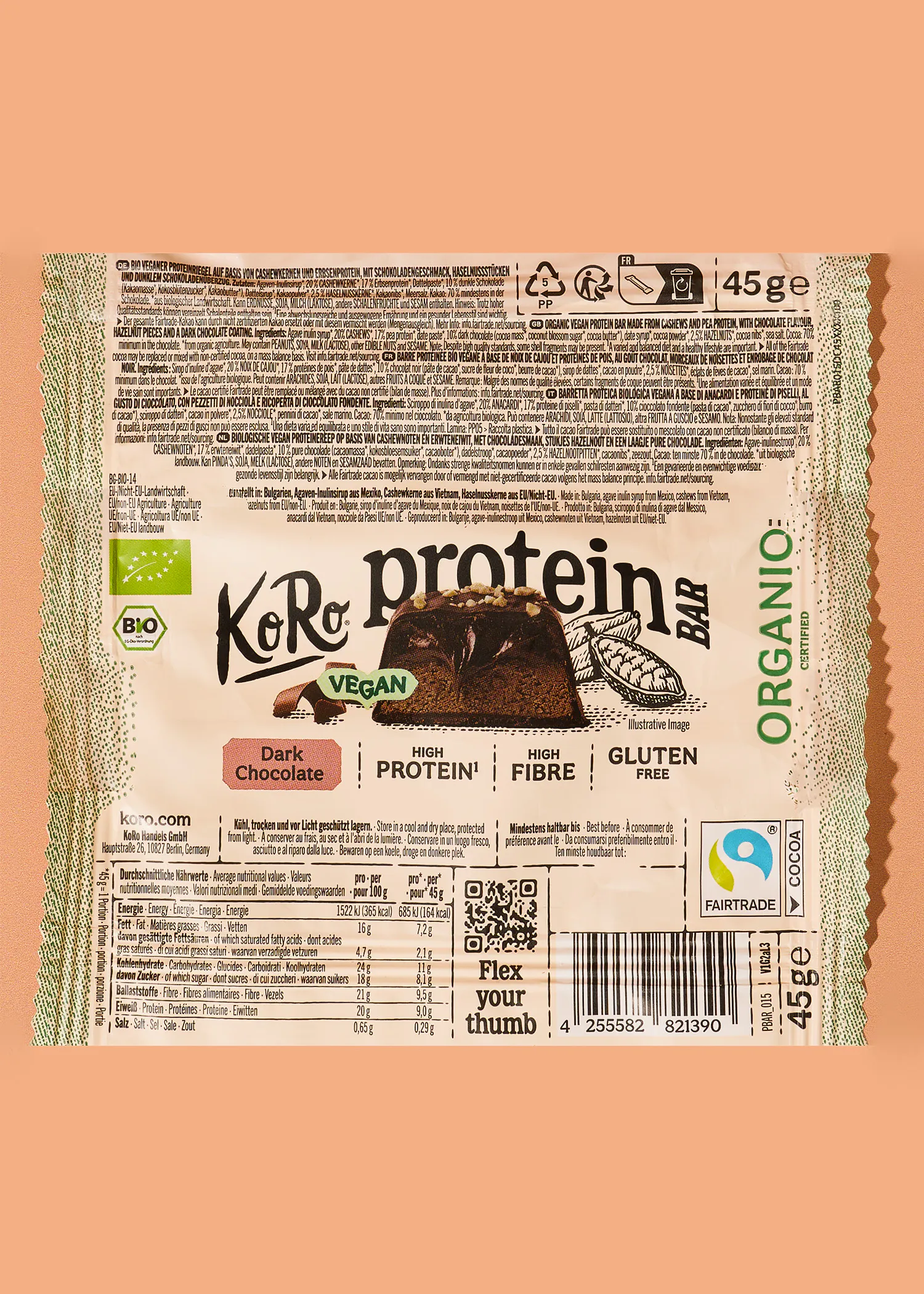 Barre protéinée vegan au chocolat noir bio | 3 x 45 g