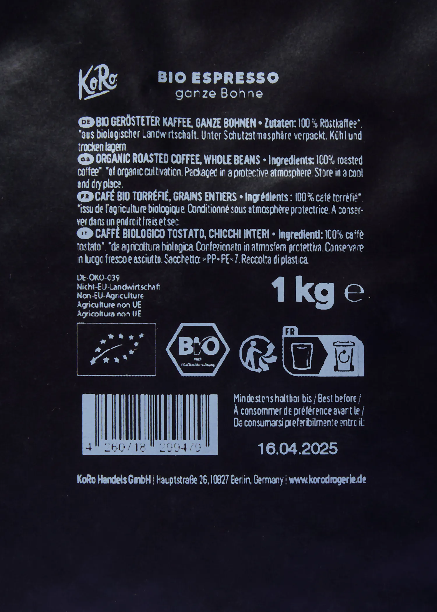 l' arrière d' un sac de café bio expresso