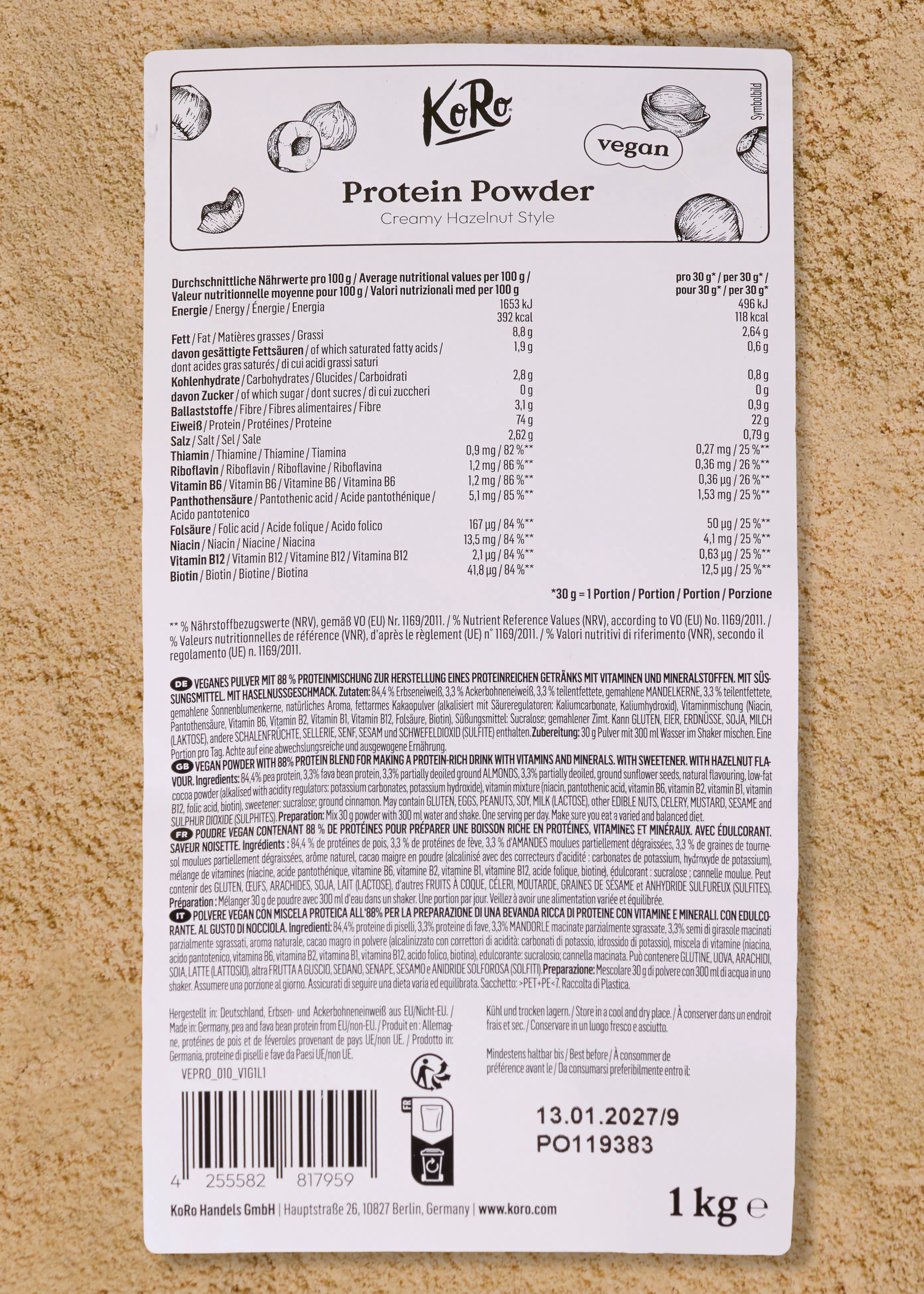 Protéines en poudre vegan à la noisette 1 kg