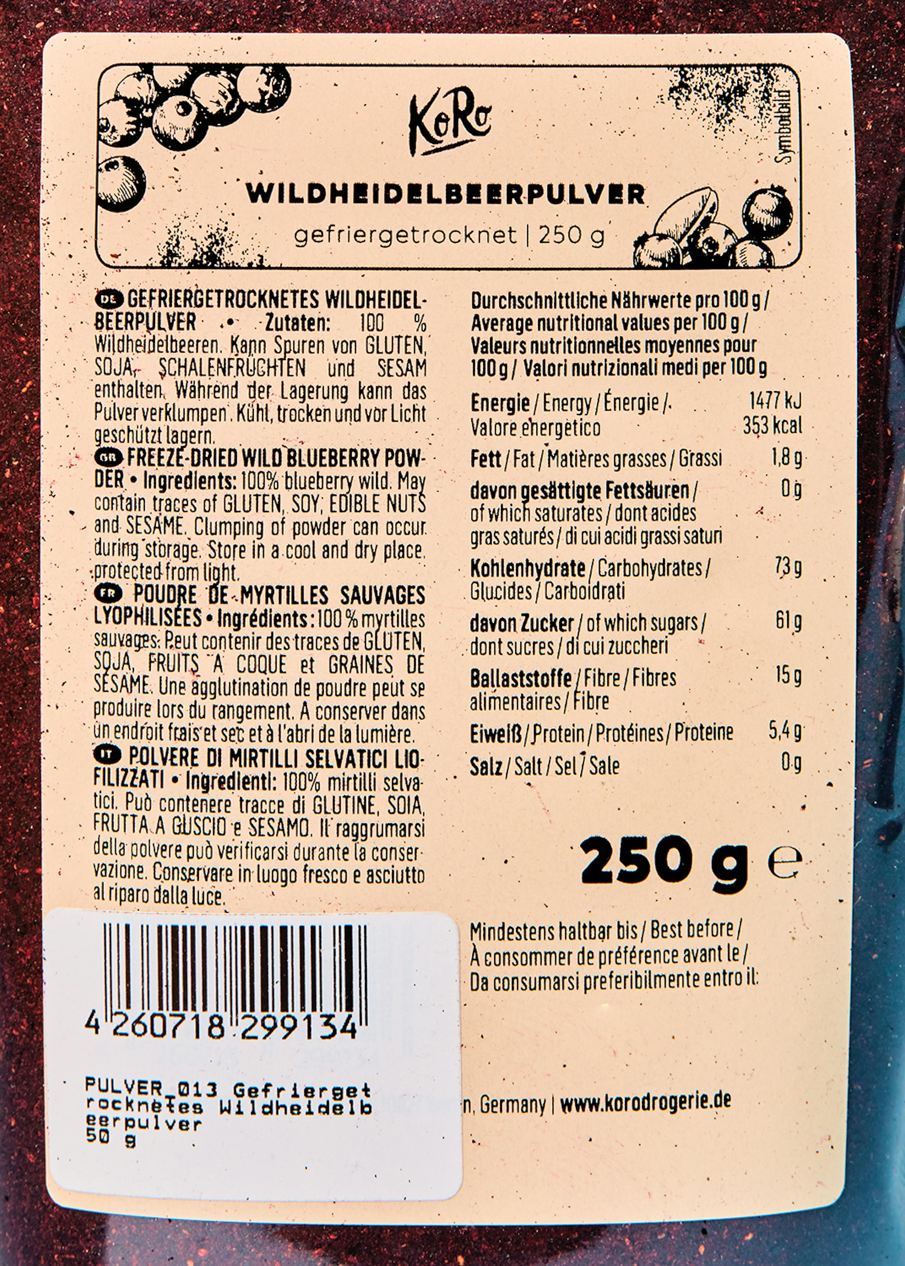 a label for a 250 g container of wild blueberry powder