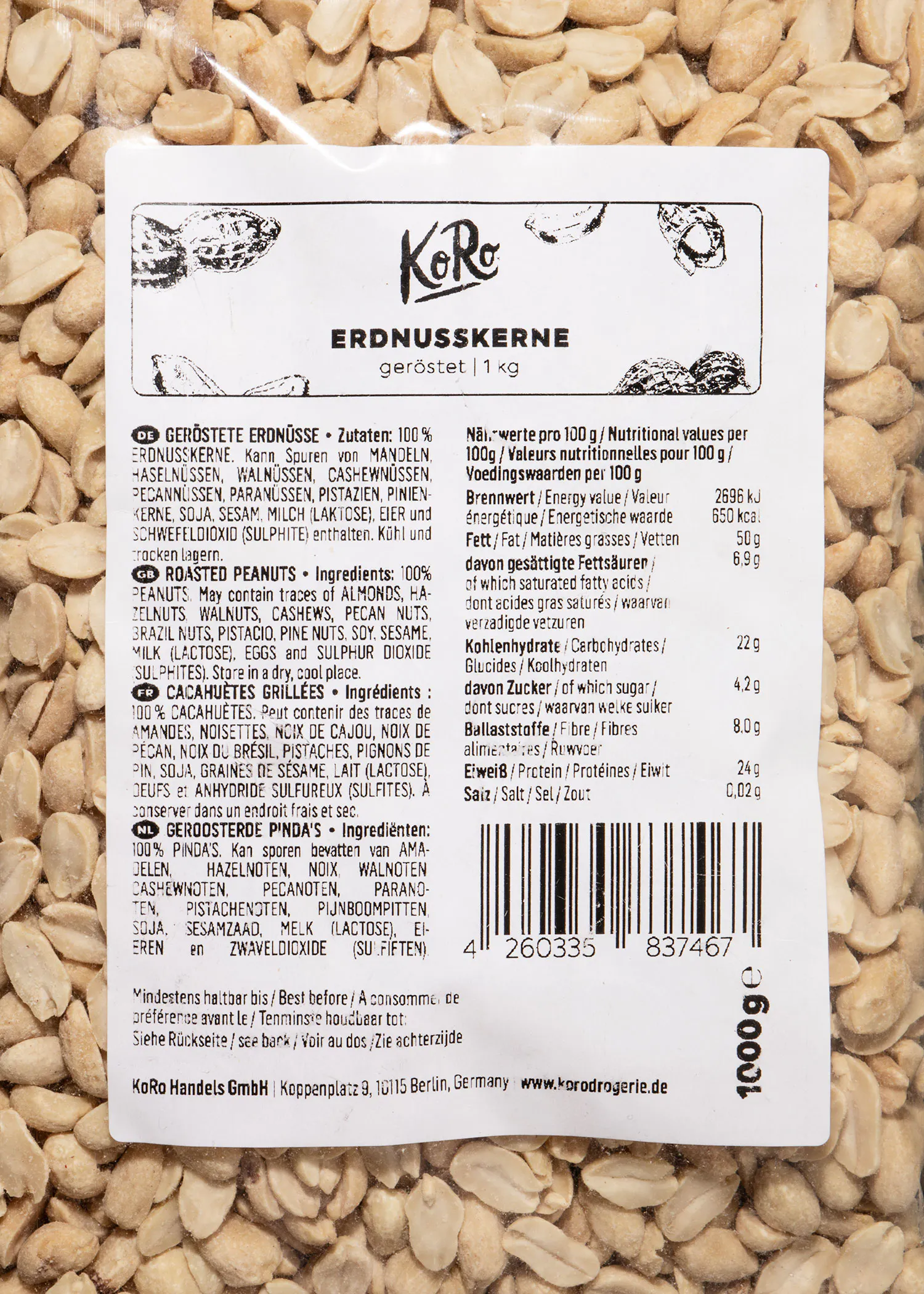 l' arrière d' un sac de cacahuètes grillées avec une étiquette sur le dos