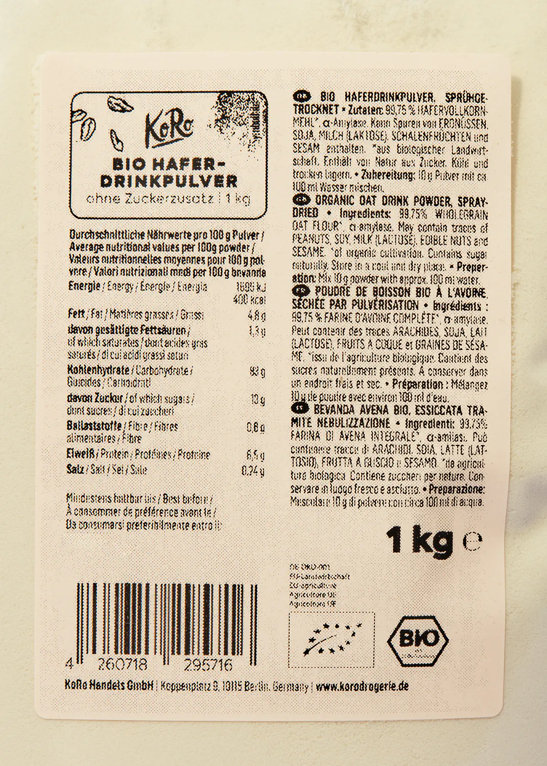 l' étiquette d' une boîte de poudre d' avoine bio