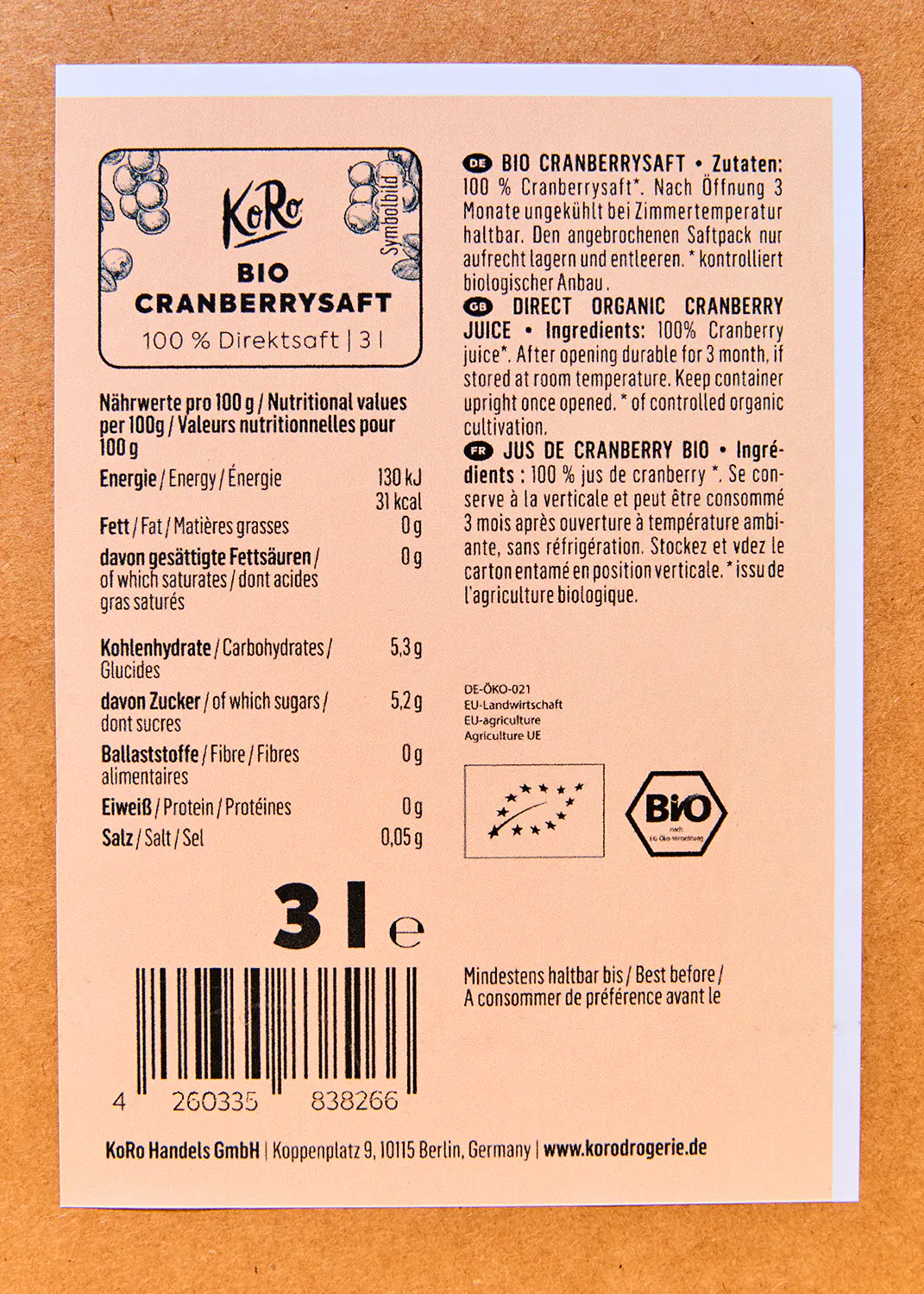 l' arrière de l' emballage d' un jus de canneberge bio