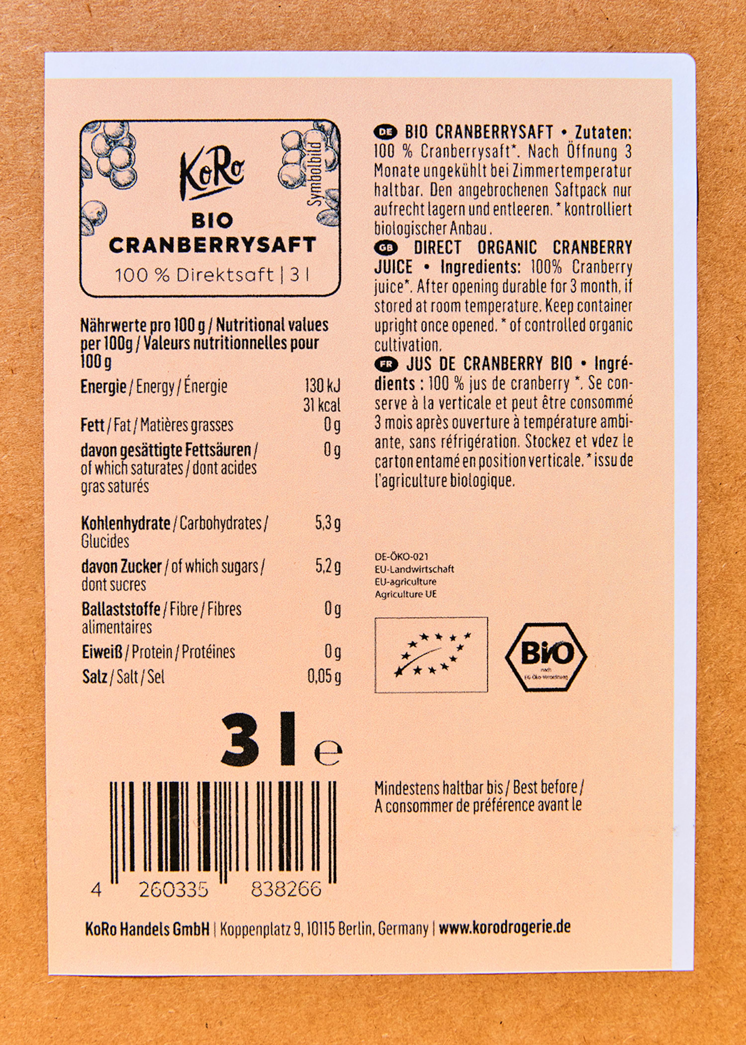 l' etichetta di un succo di mirtillo biologico