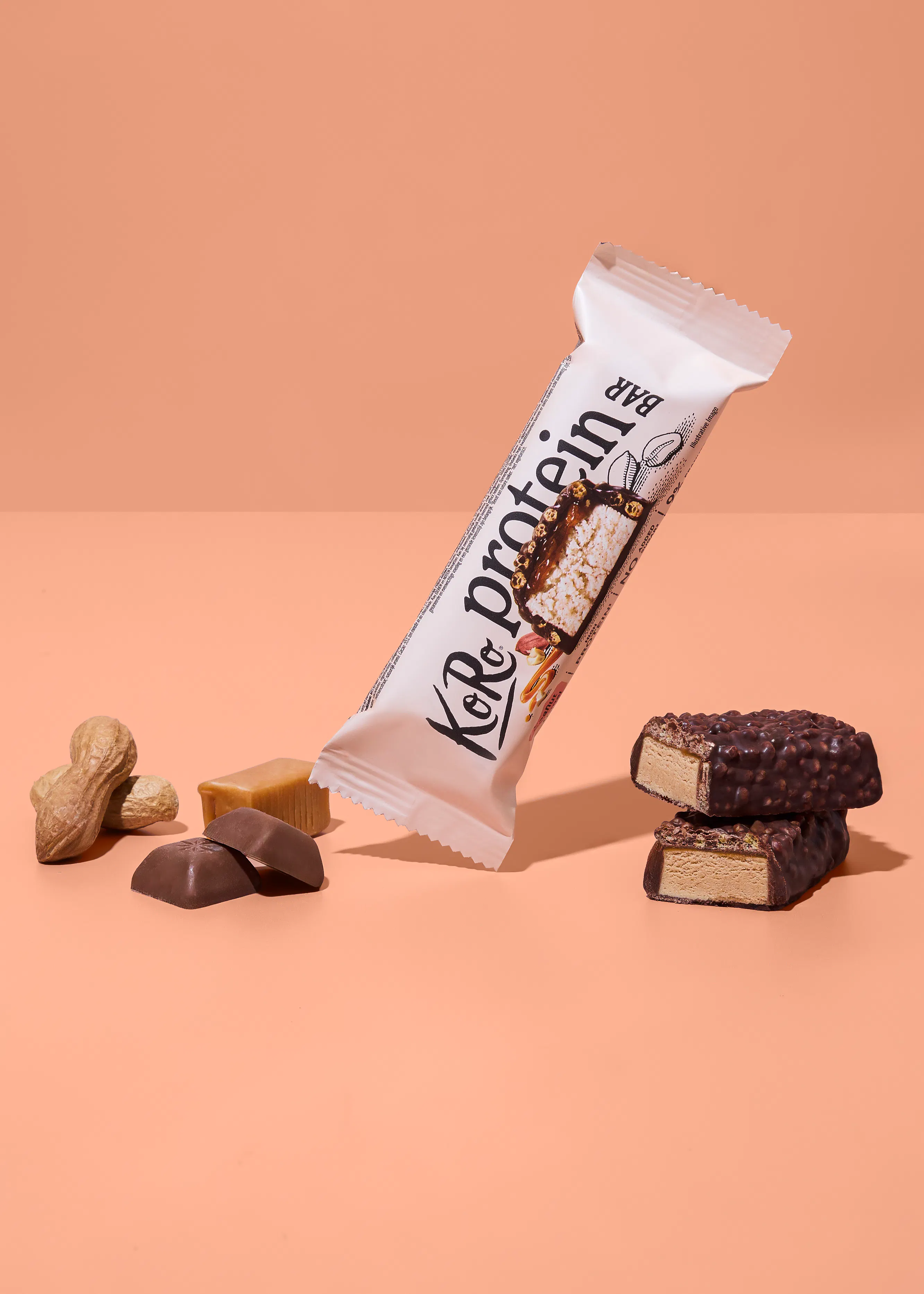 a white protein bar wrapper with a visible cross-section of the bar, two unwrapped chocolate-covered protein bar pieces, peanuts, chocolate, and a caramel square on a peach background.