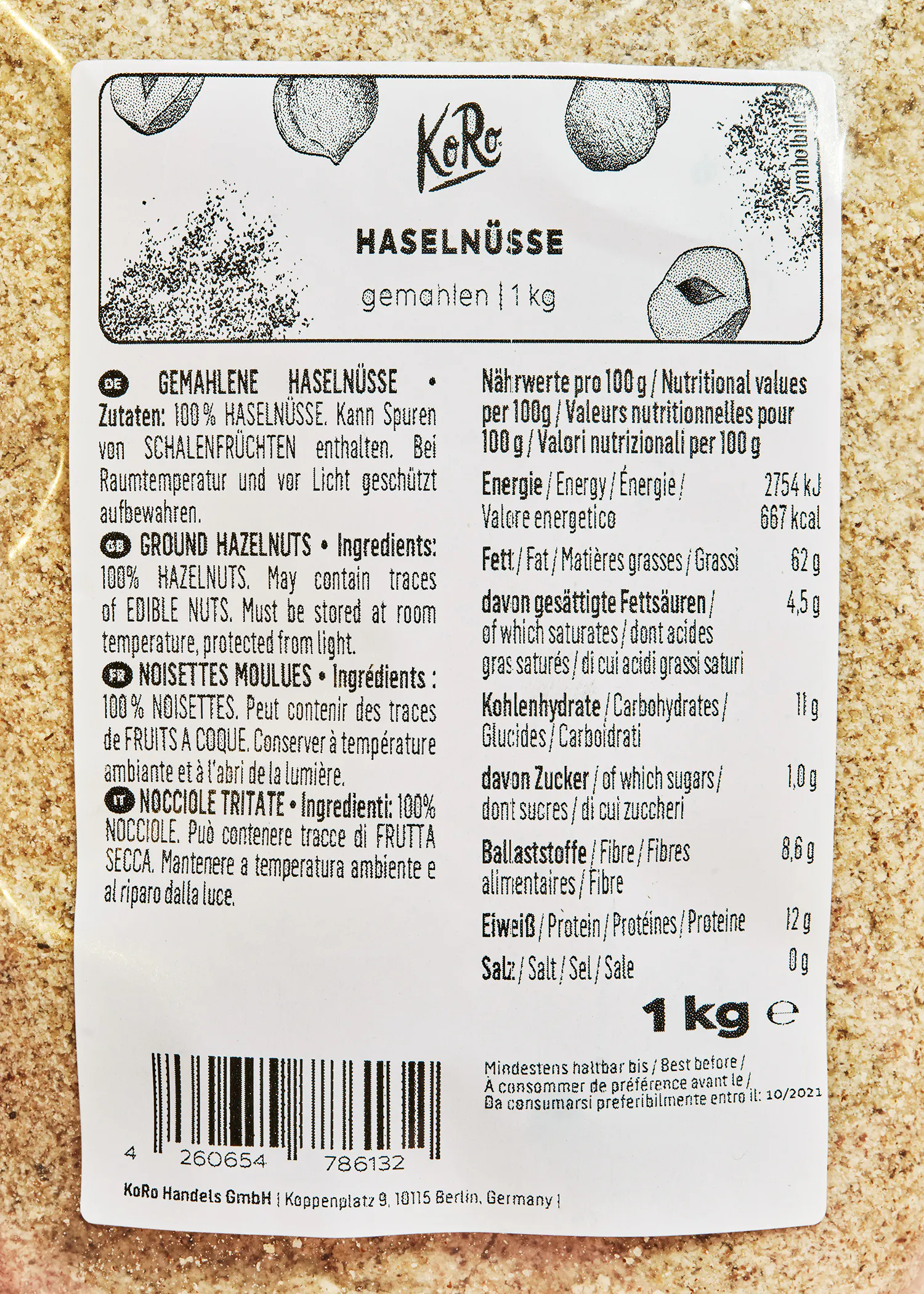 l' étiquette d' un paquet de noisettes de 1 kg