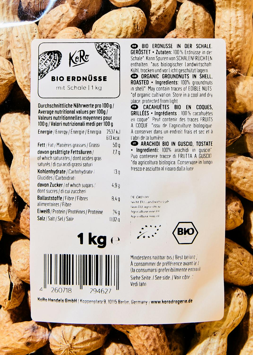 Cacahuètes non décortiquées bio 1 kg - Naturelles | KoRo France