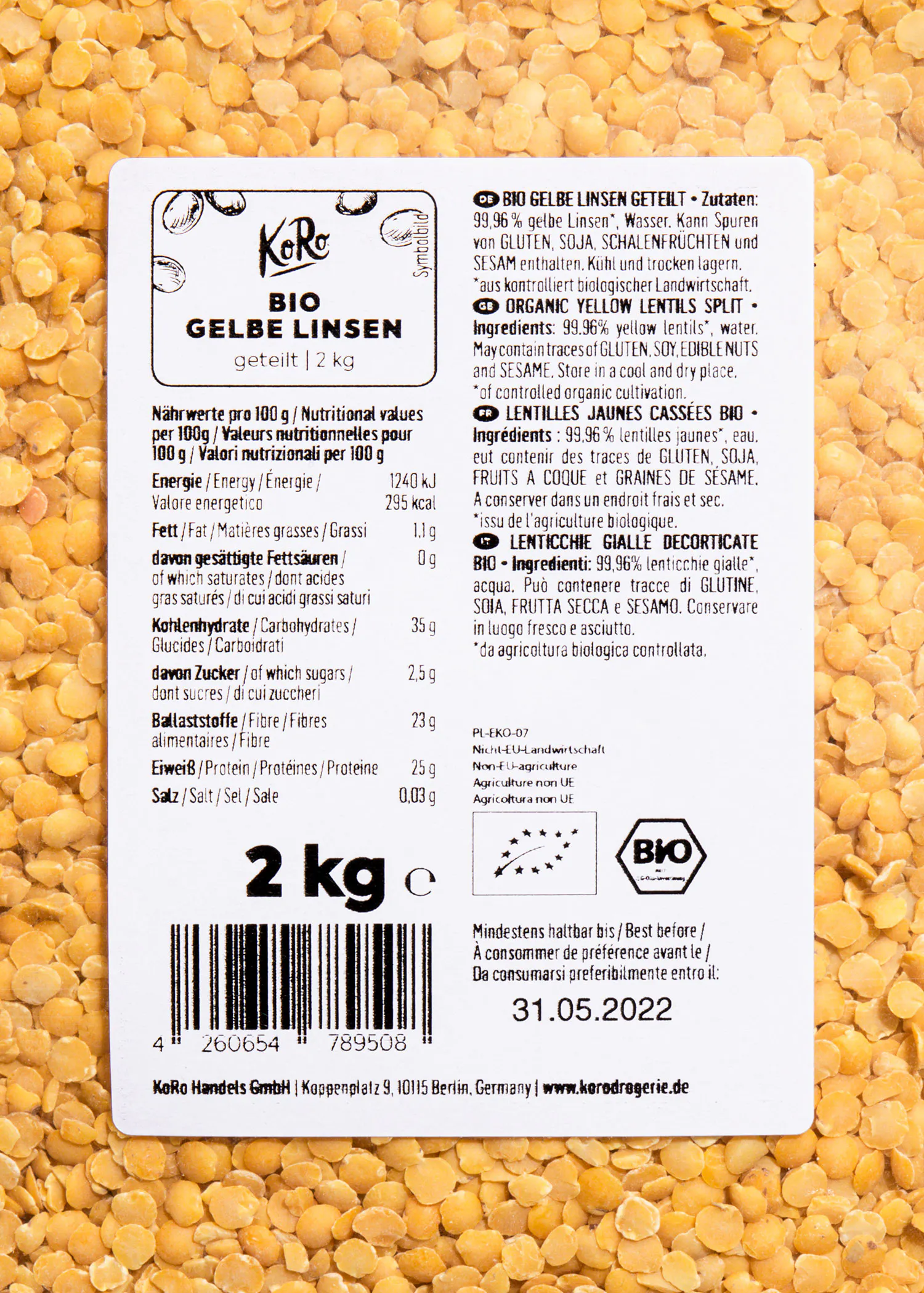 die Rückseite eines Etiketts für 2 kg gelbe Linsen
