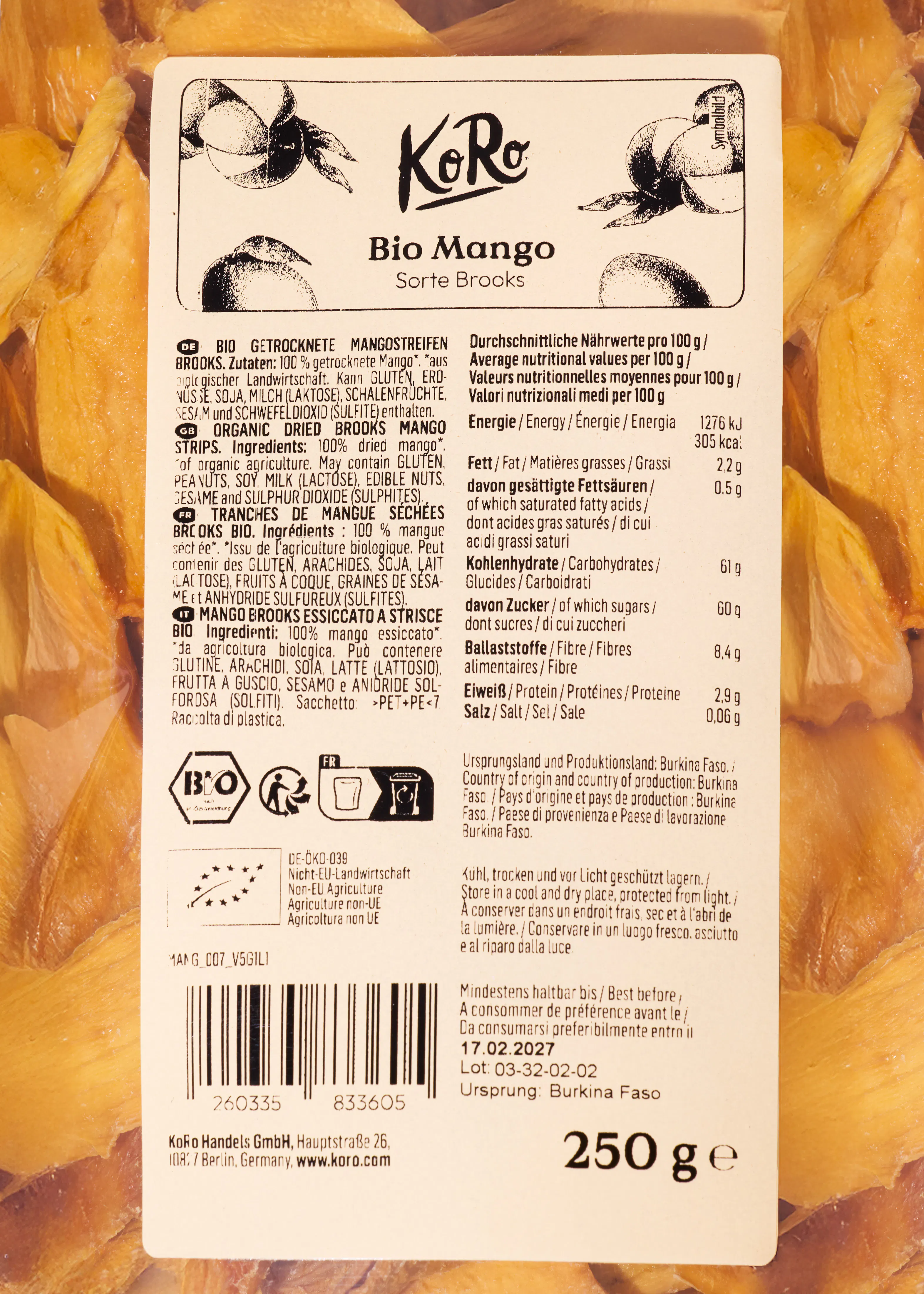 a package of koro bio mango sorte brooks dried mango strips with nutritional information and product details.