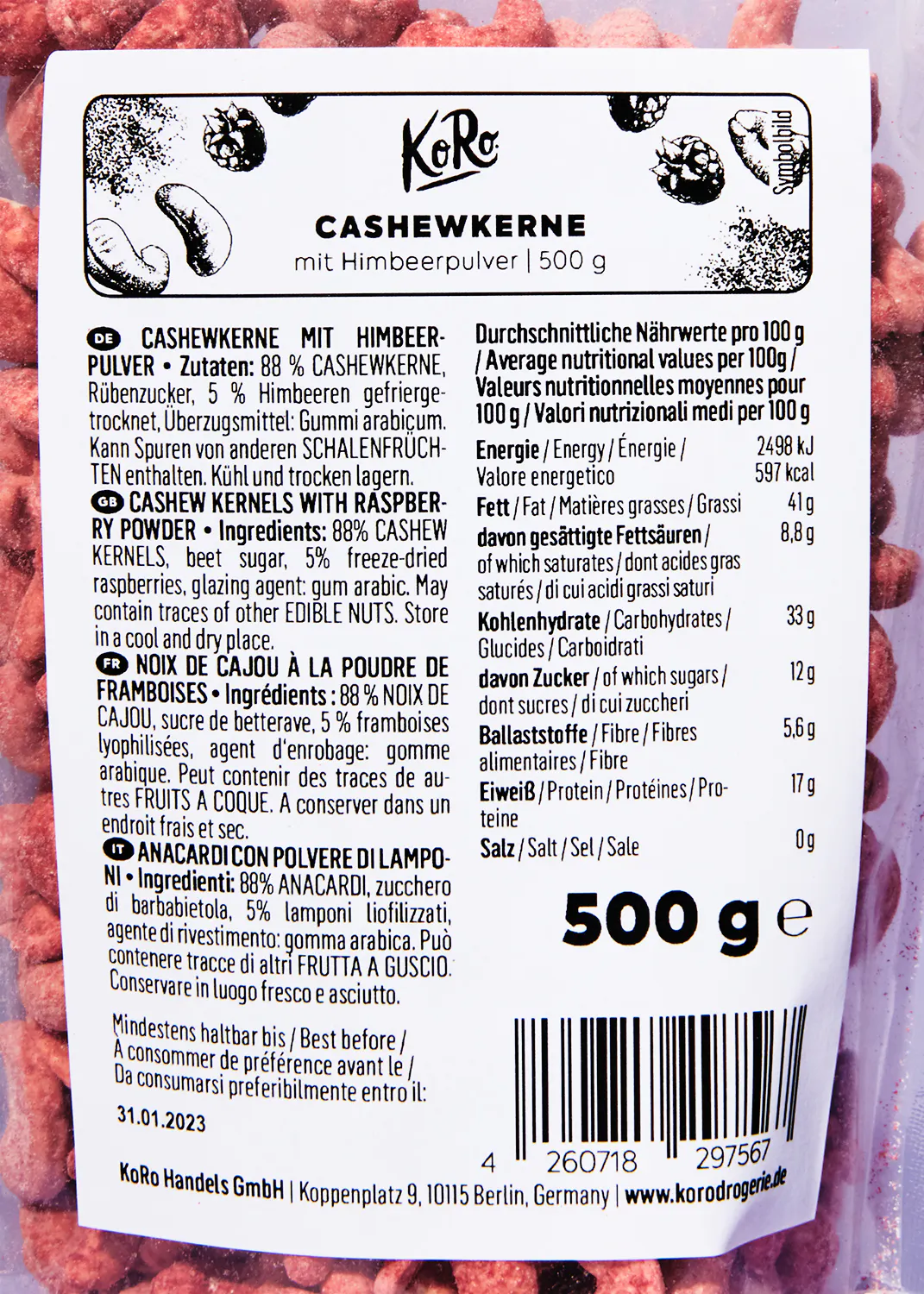 the back of a 500 g container of cashewkerne