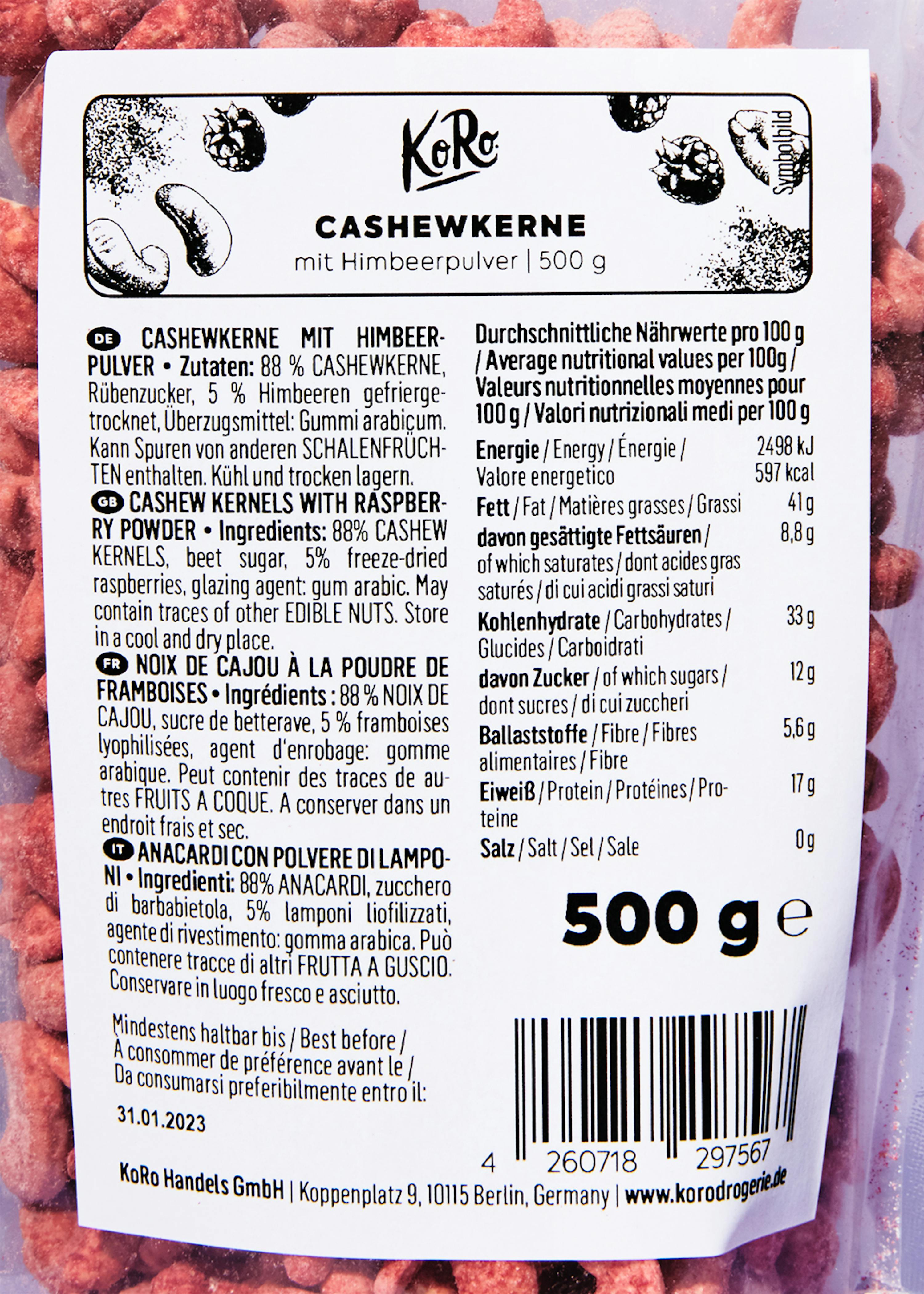 die Rückseite eines 500-g-Produkts mit Cashewkerne und Himbeerpulver