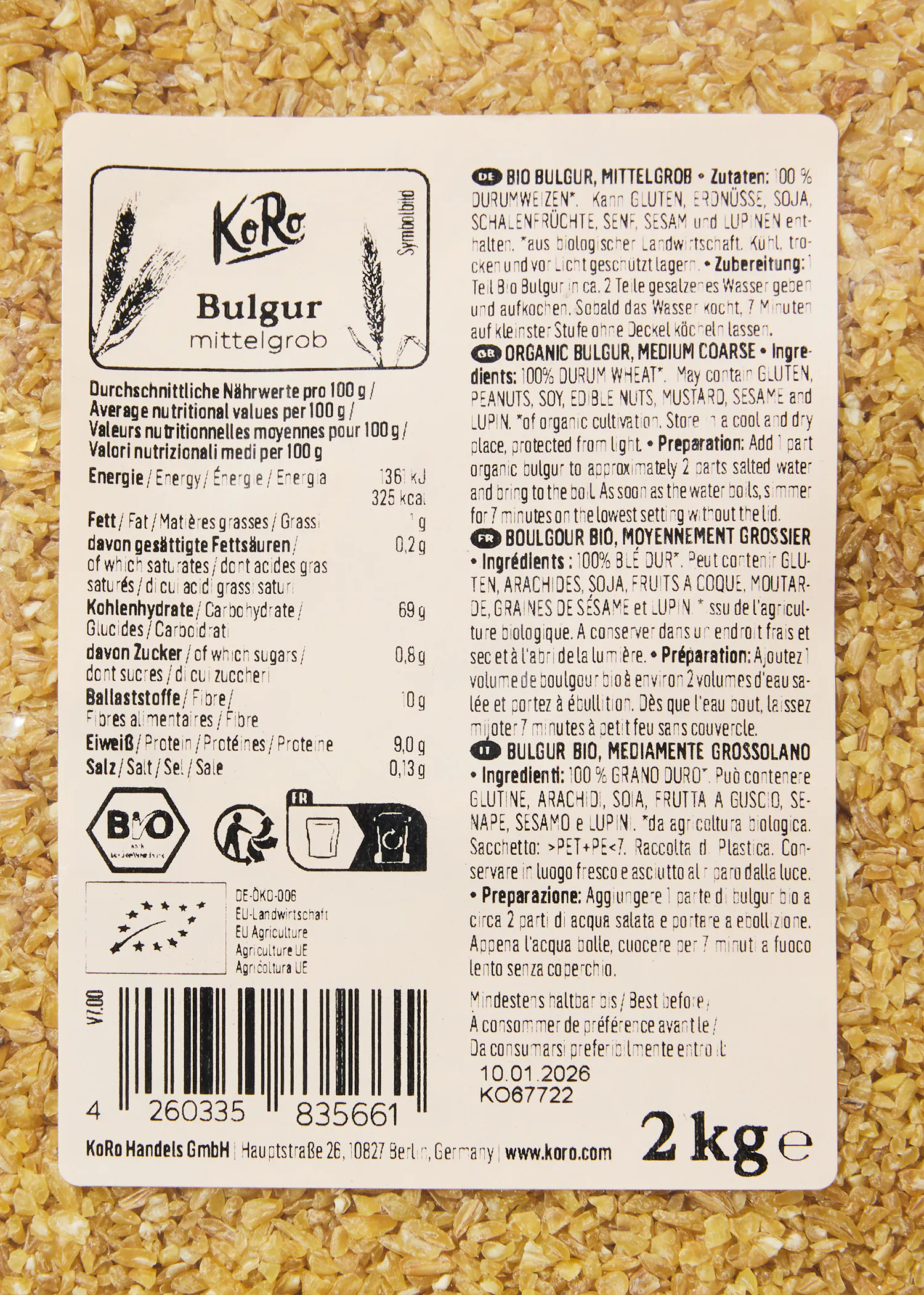a label for a 2 kg container of bulgur