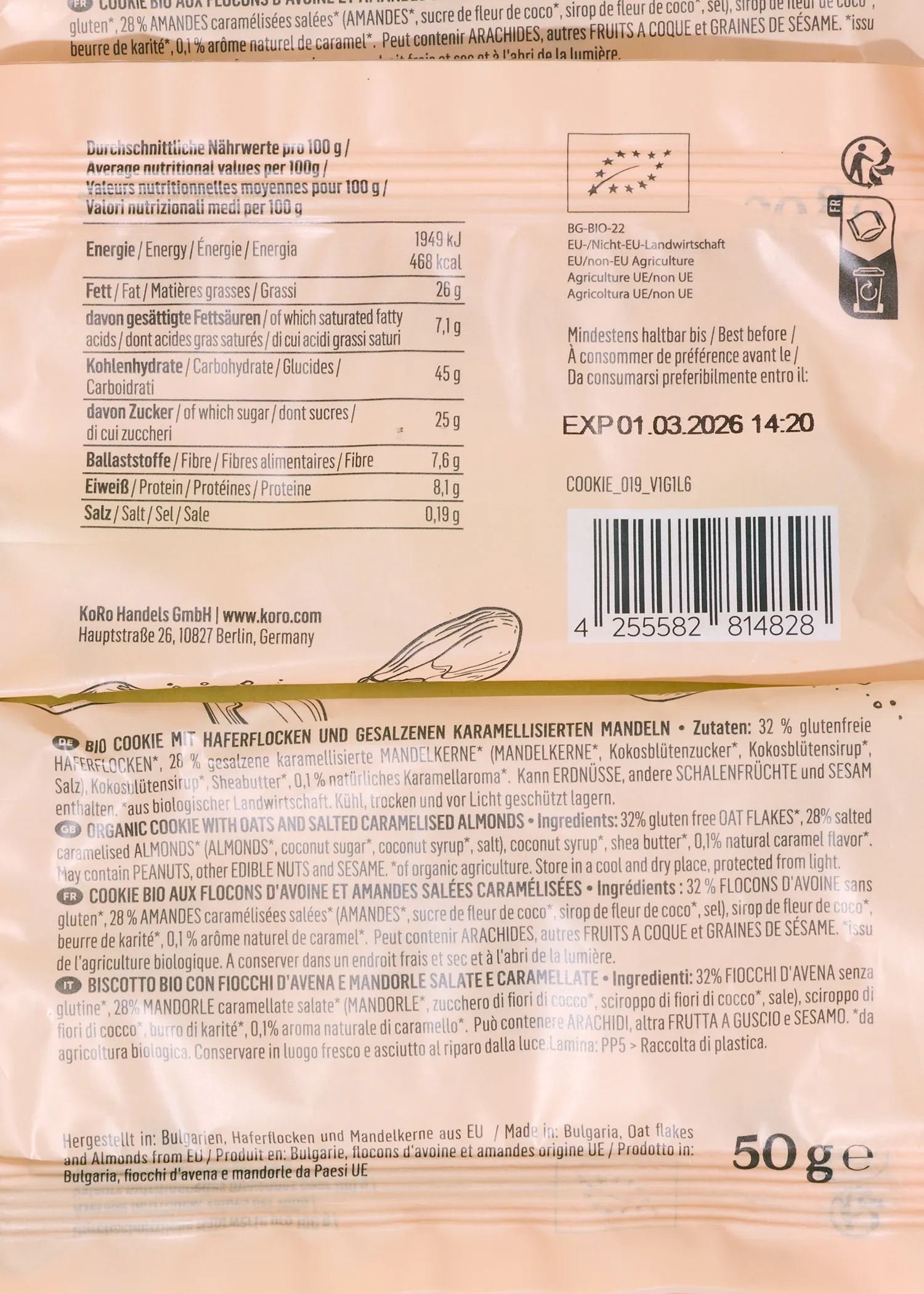 l' arrière d' un paquet de biscuits bio avec des ingrédients