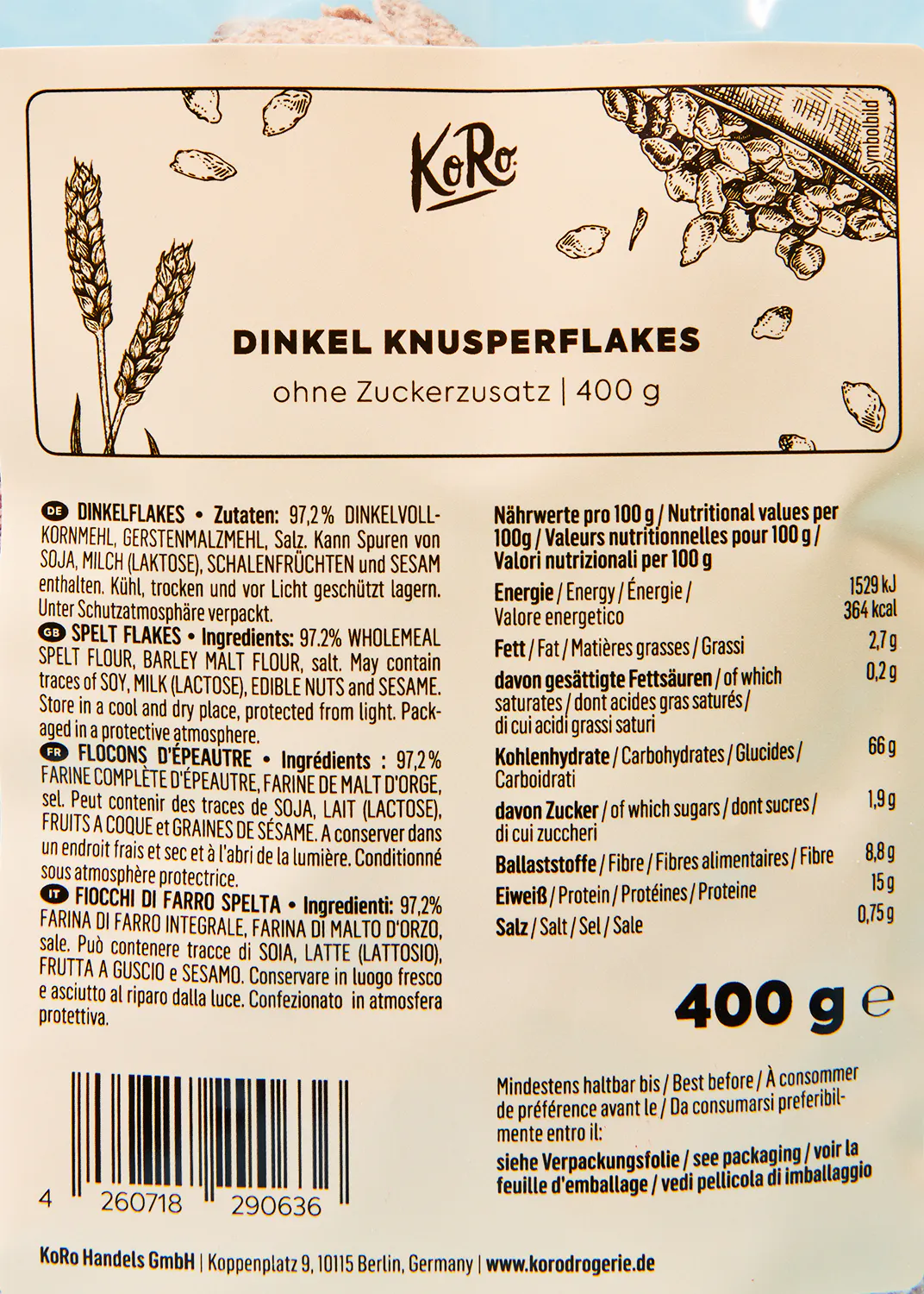 l' arrière de l' emballage d' un paquet de dinkel knusperflakes