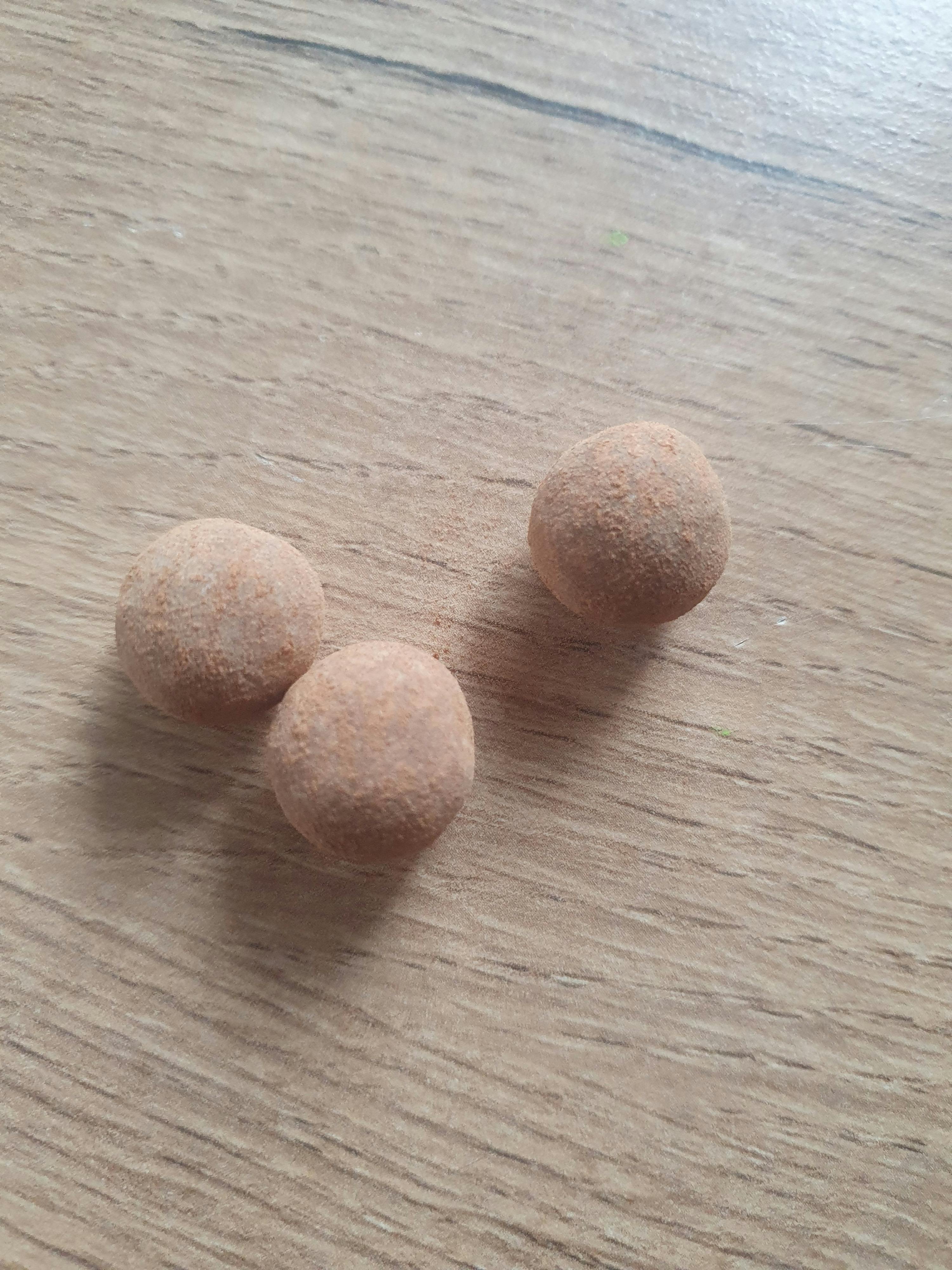zwei braune Kugeln sitzen auf einem Holztisch