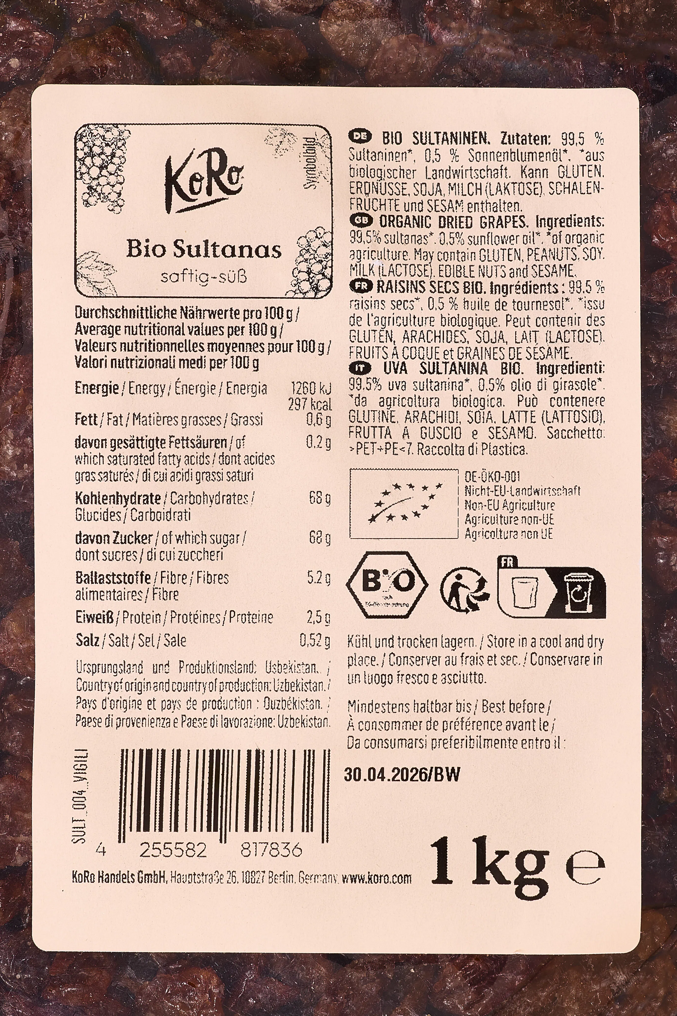 ein produktetikett für koro bio-sultaninen mit nährwertangaben, zutaten, herkunftsland und haltbarkeitsdatum.