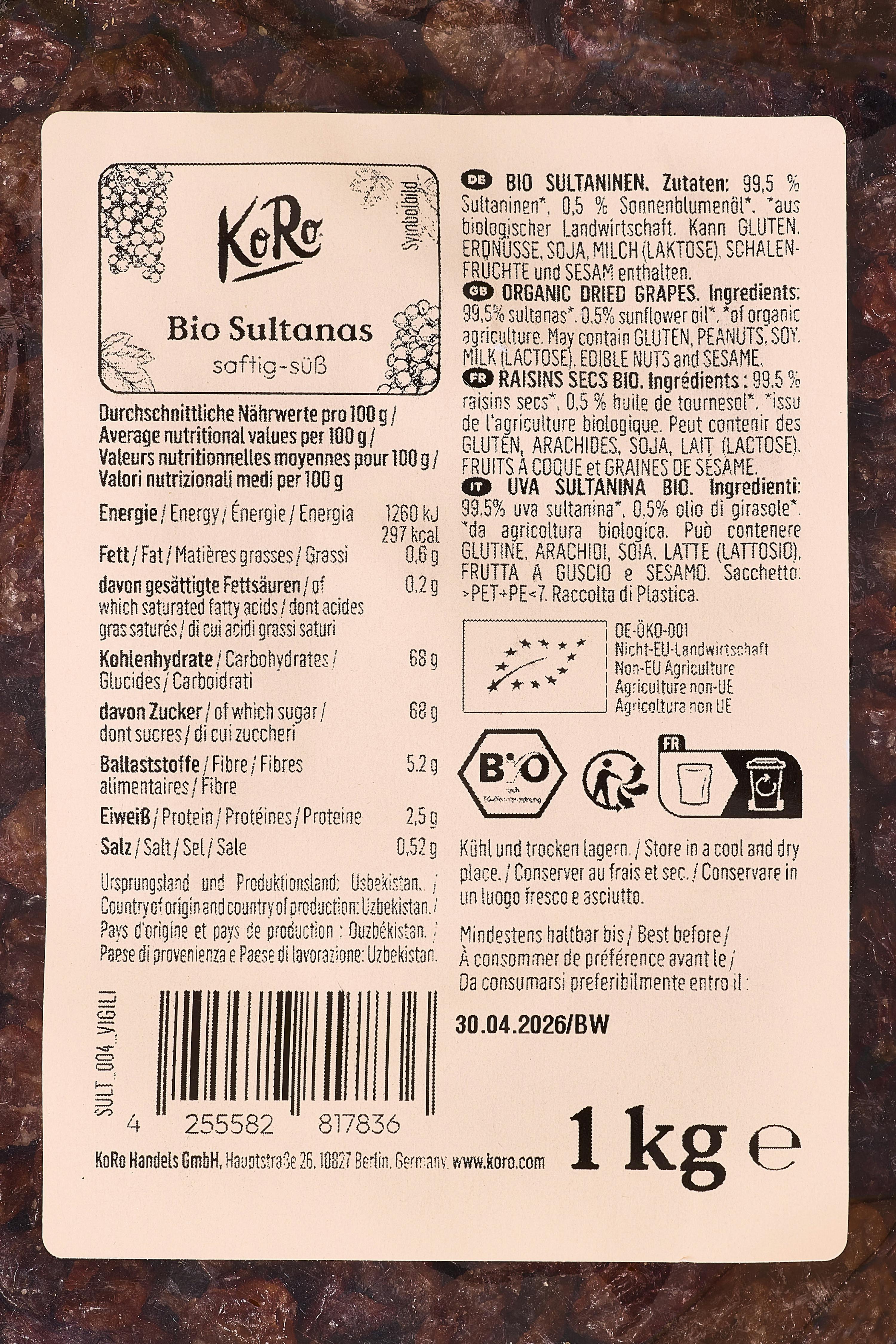 étiquette d'emballage pour 1 kg de raisins secs bio koro, affichant les informations nutritionnelles, les ingrédients, l'origine (ouzbekistan) et la date de péremption (30.04.2026).