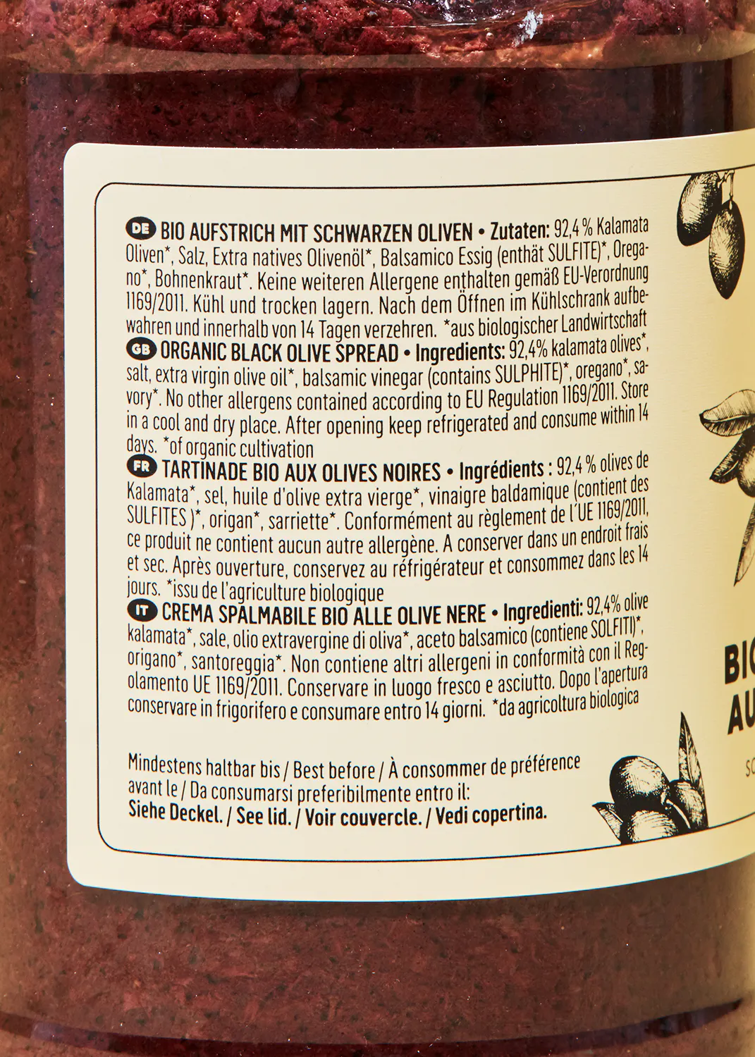 l' arrière d' une bouteille de tartinade aux olives noires bio