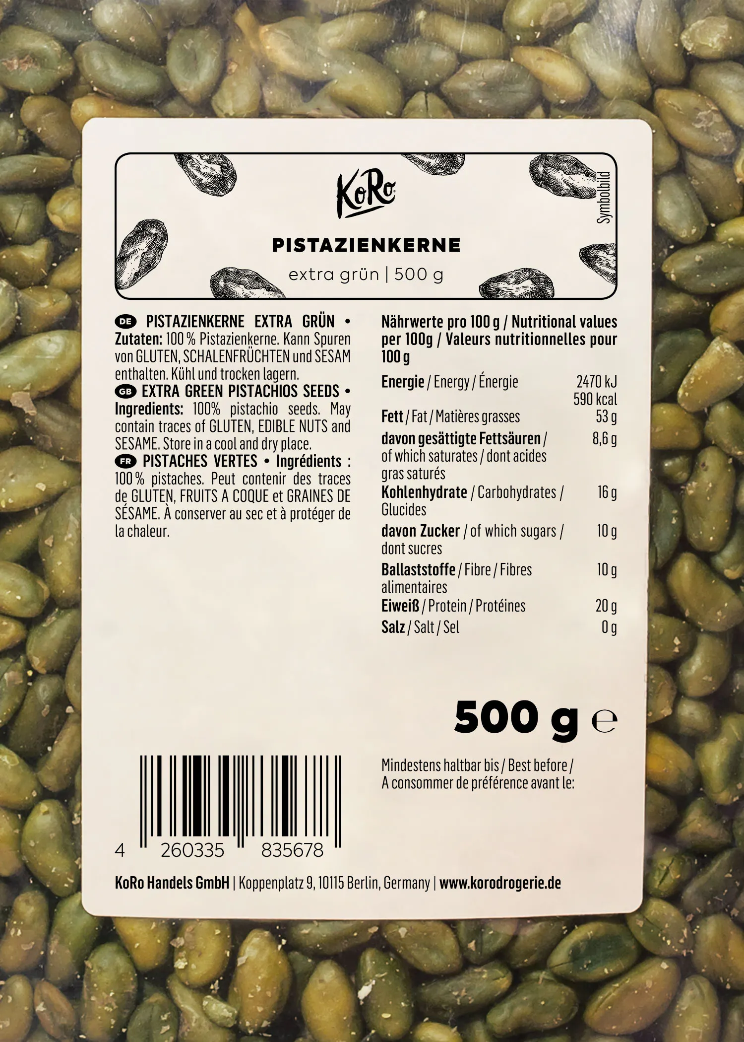 l' arrière d' un sac de pistaches vertes de 500g