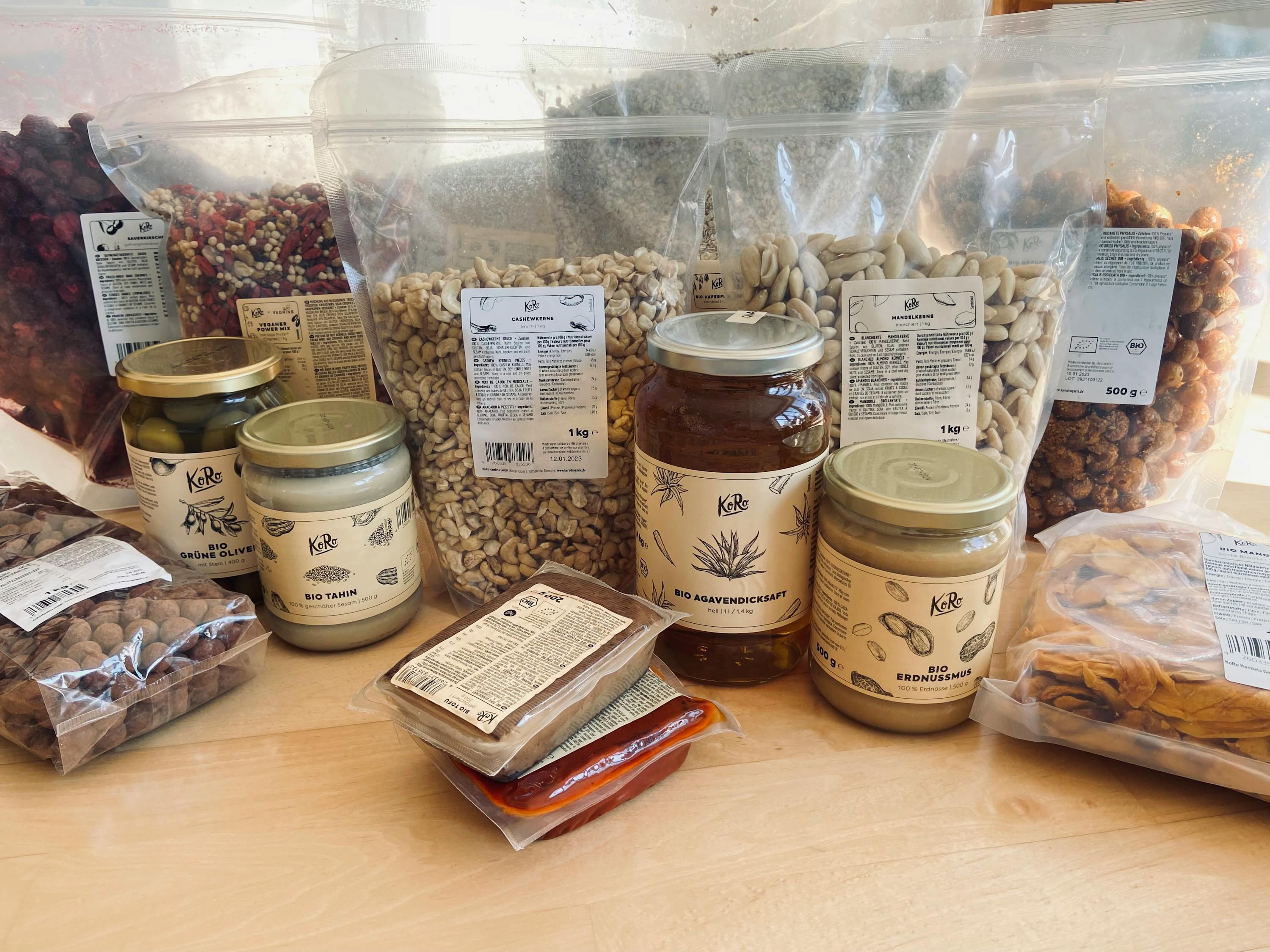 a variety of food items including a jar that says agave