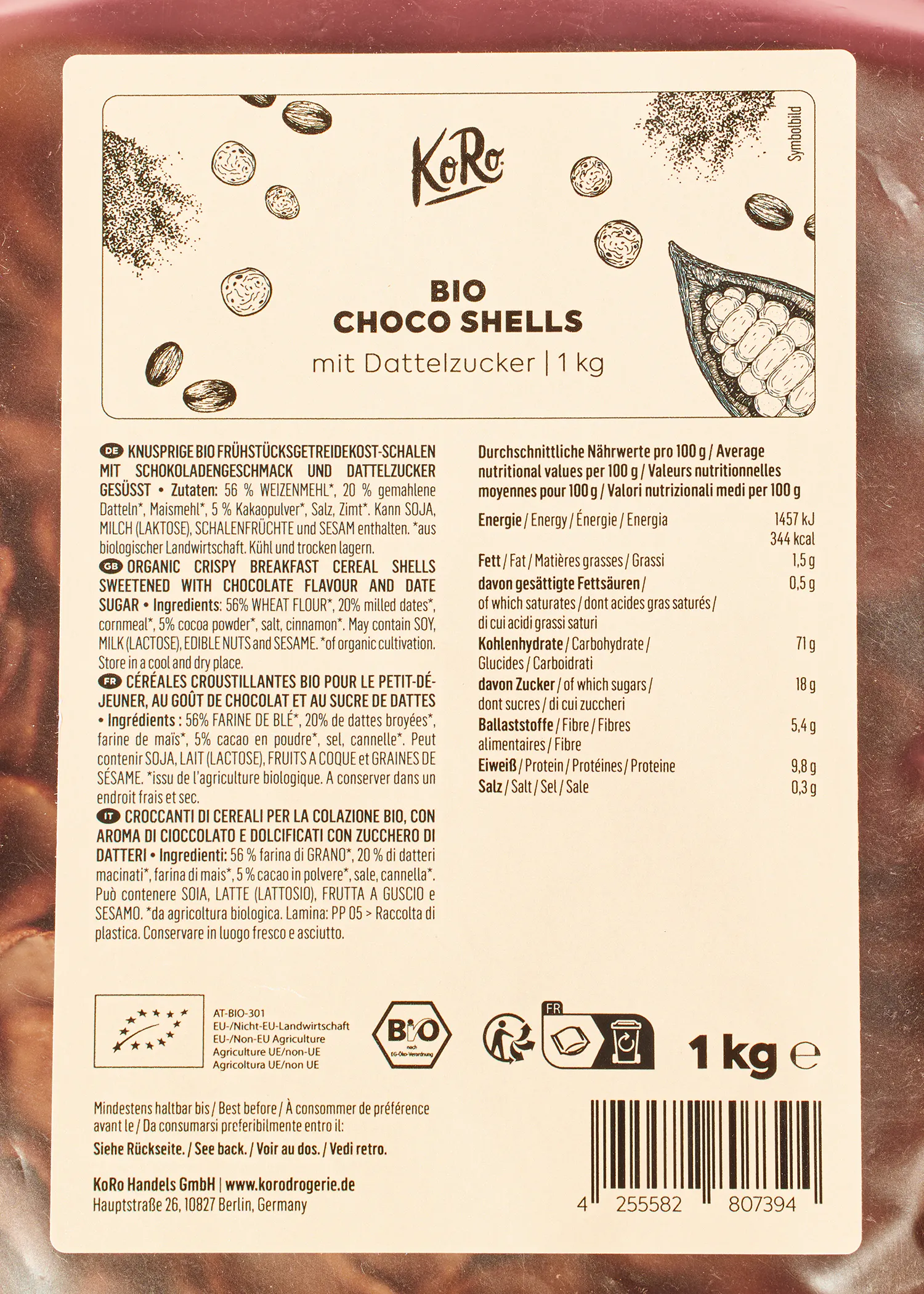 l' arrière d' une boîte de coquilles de chocolat bio