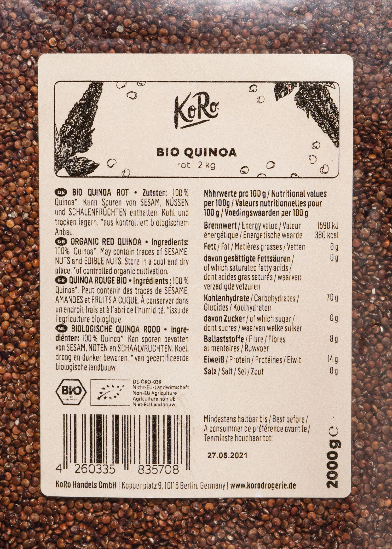 l' arrière d' une boîte de quinoa bio avec des informations nutritionnelles