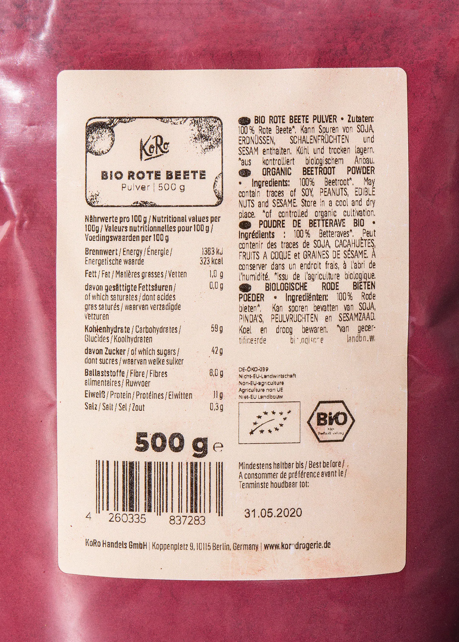 l' arrière d' un sac de 500g de beet rouge bio