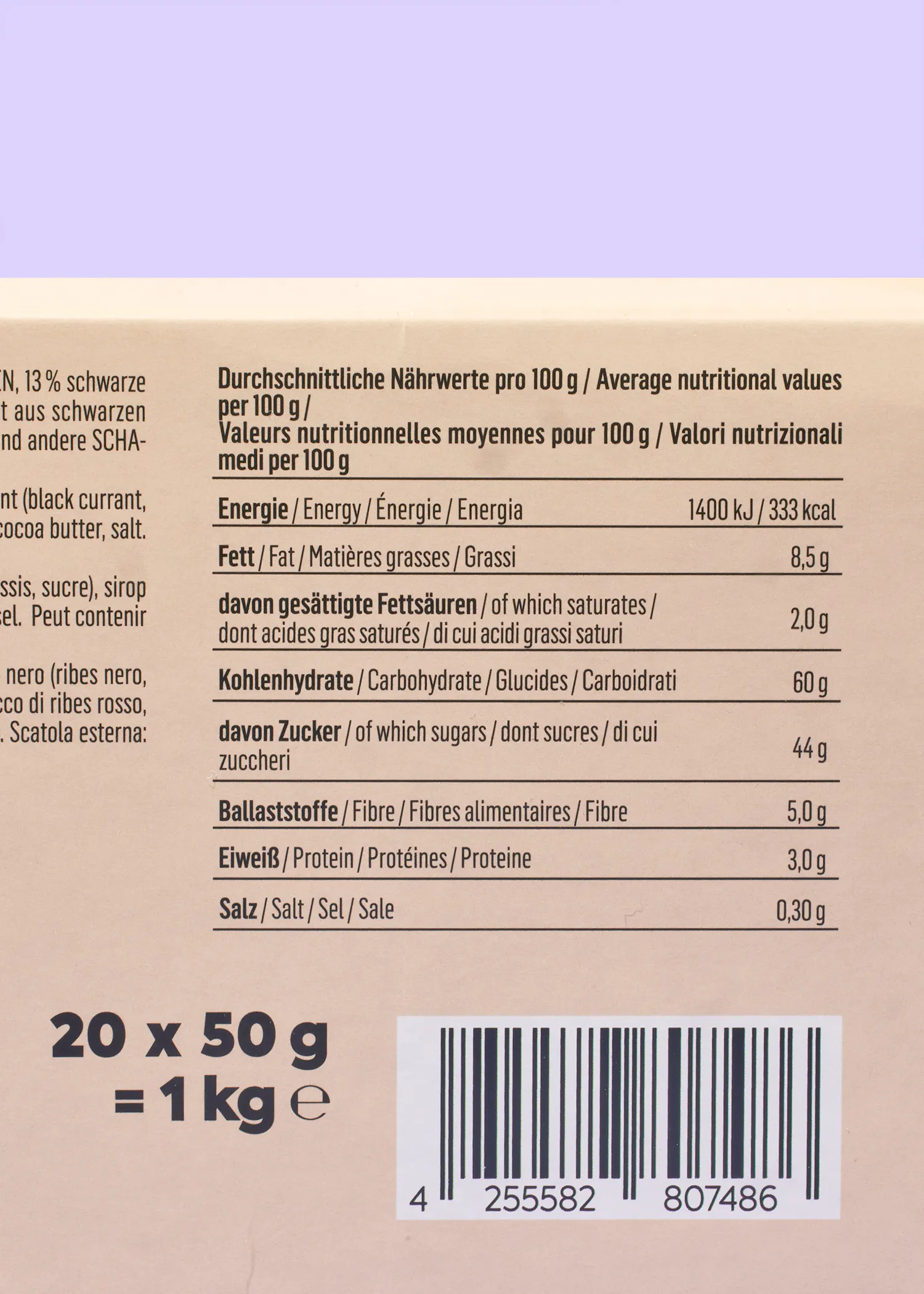 l' arrière d' une boîte de 20 x 50 g de chocolat