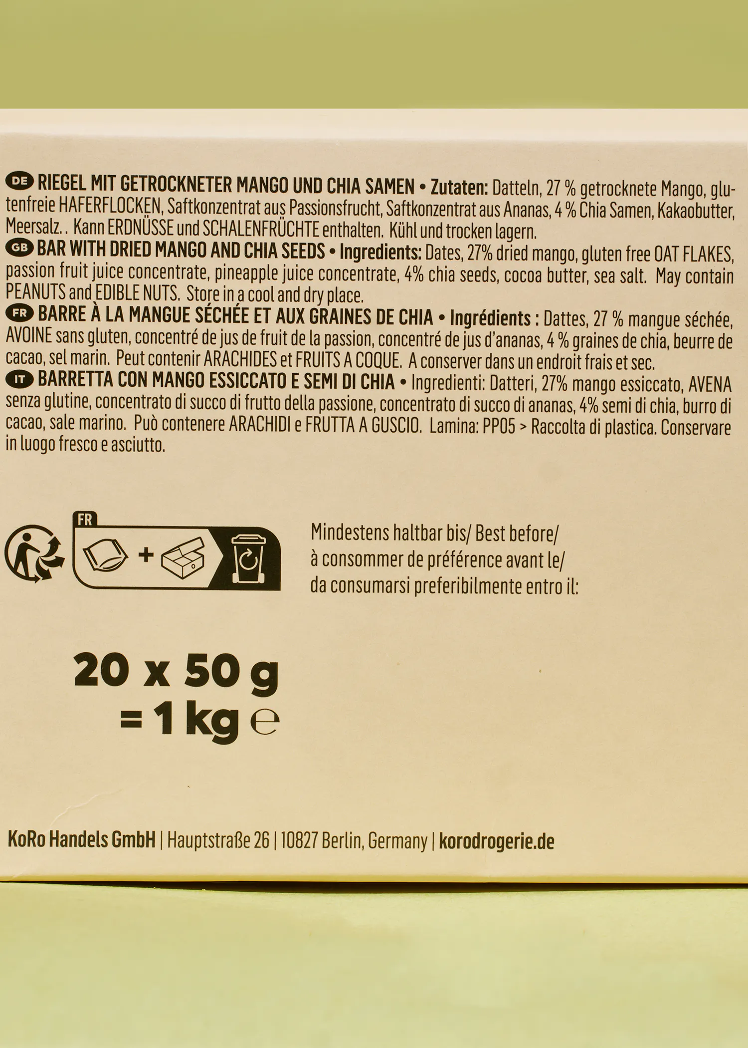 eine Schachtel mit 20 x 50 g riegel mit getrockneter mango und chia samen