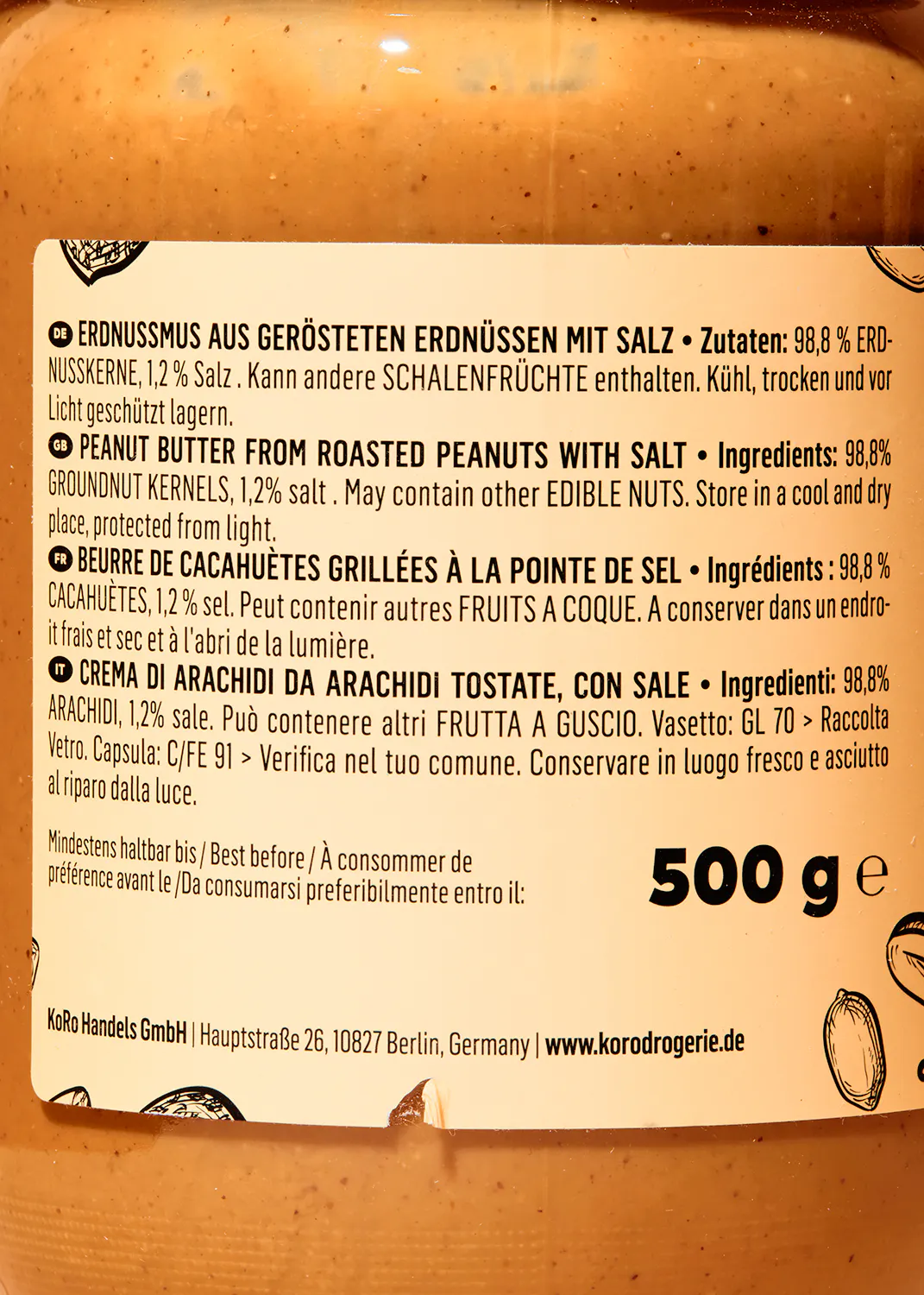 l' arrière d' une bouteille de beurre de cacahuètes avec du sel de 500 g